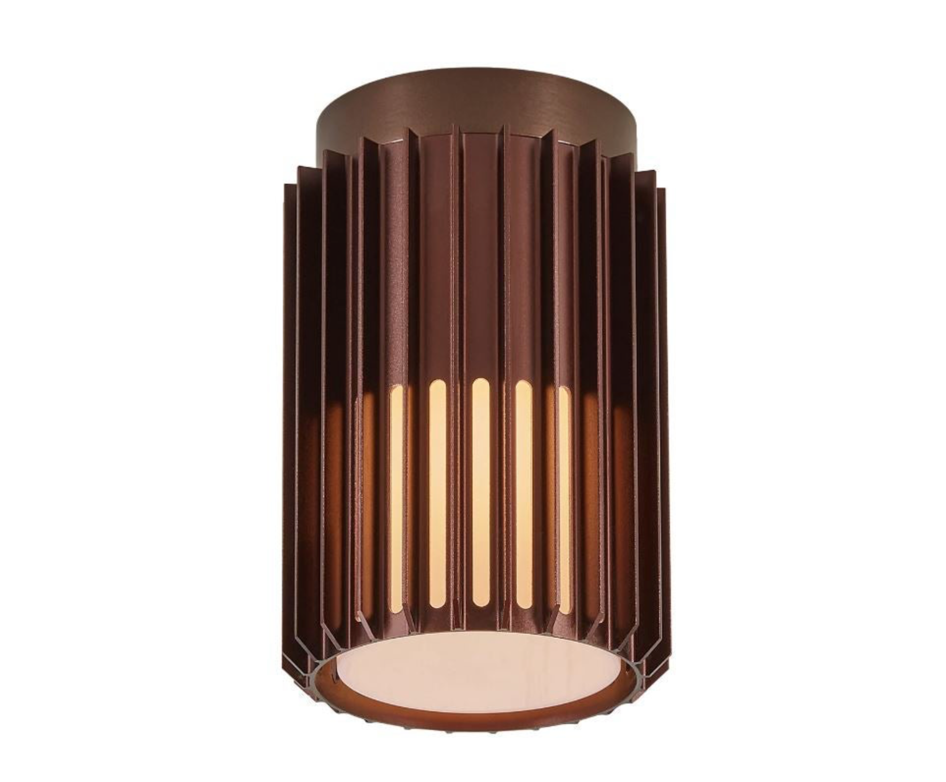 Decorative cylindrical outdoor ceiling light fixture with a brown and beige design on a white background