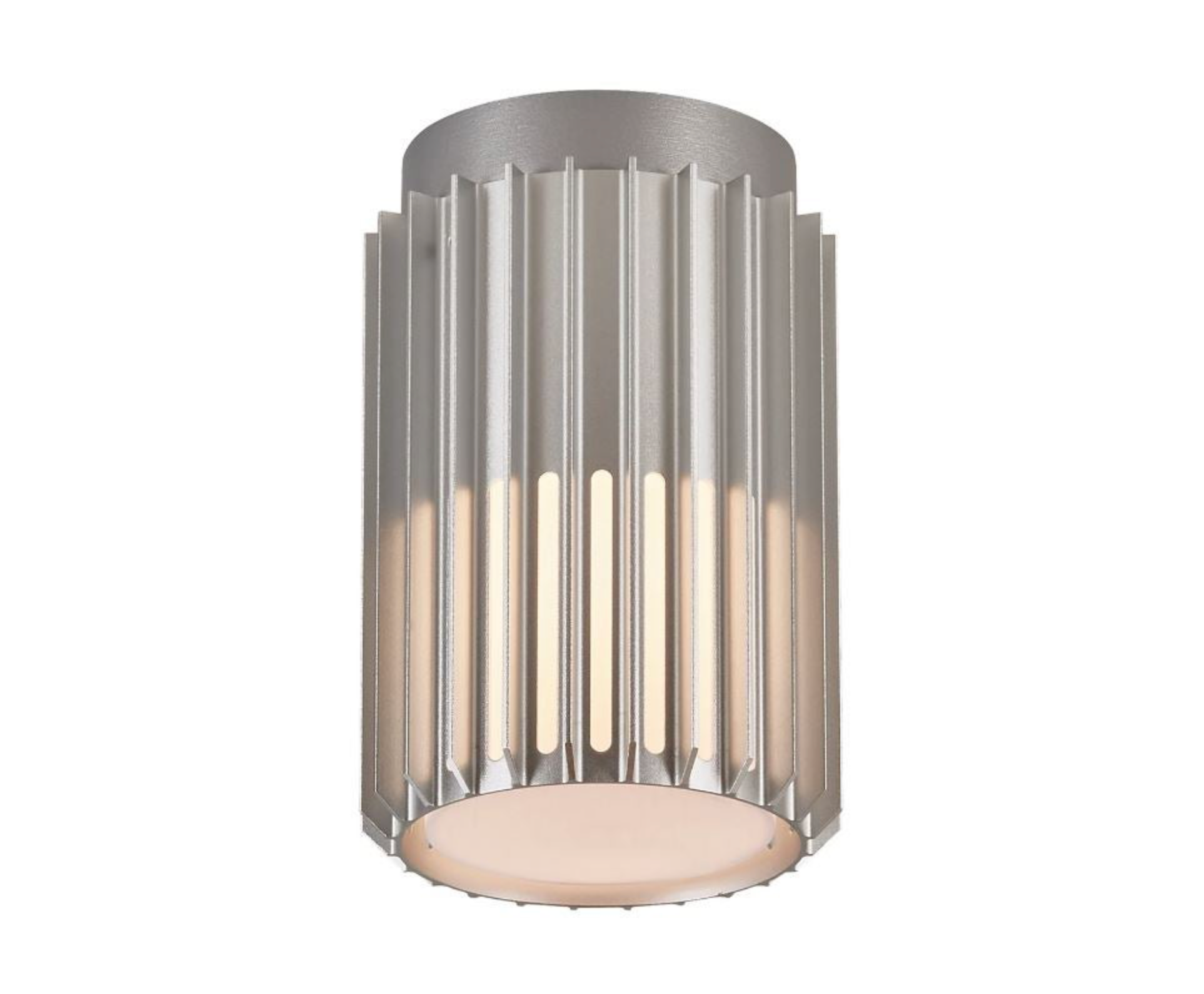 Cylindrical outdoor ceiling light fixture with ribbed design on a white background