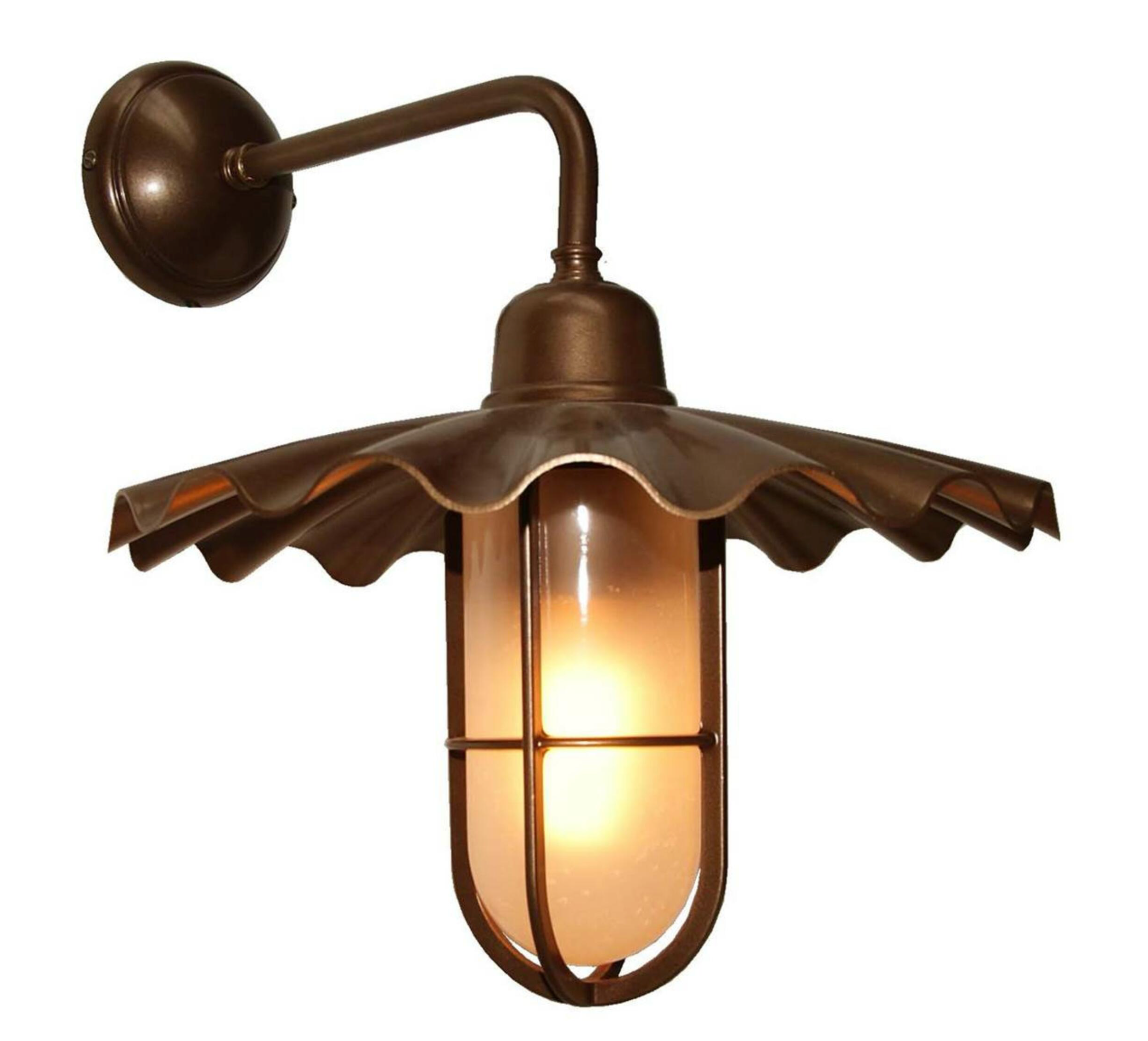 Vintage-style wall-mounted outdoor light fixture with a warm glow on a white background