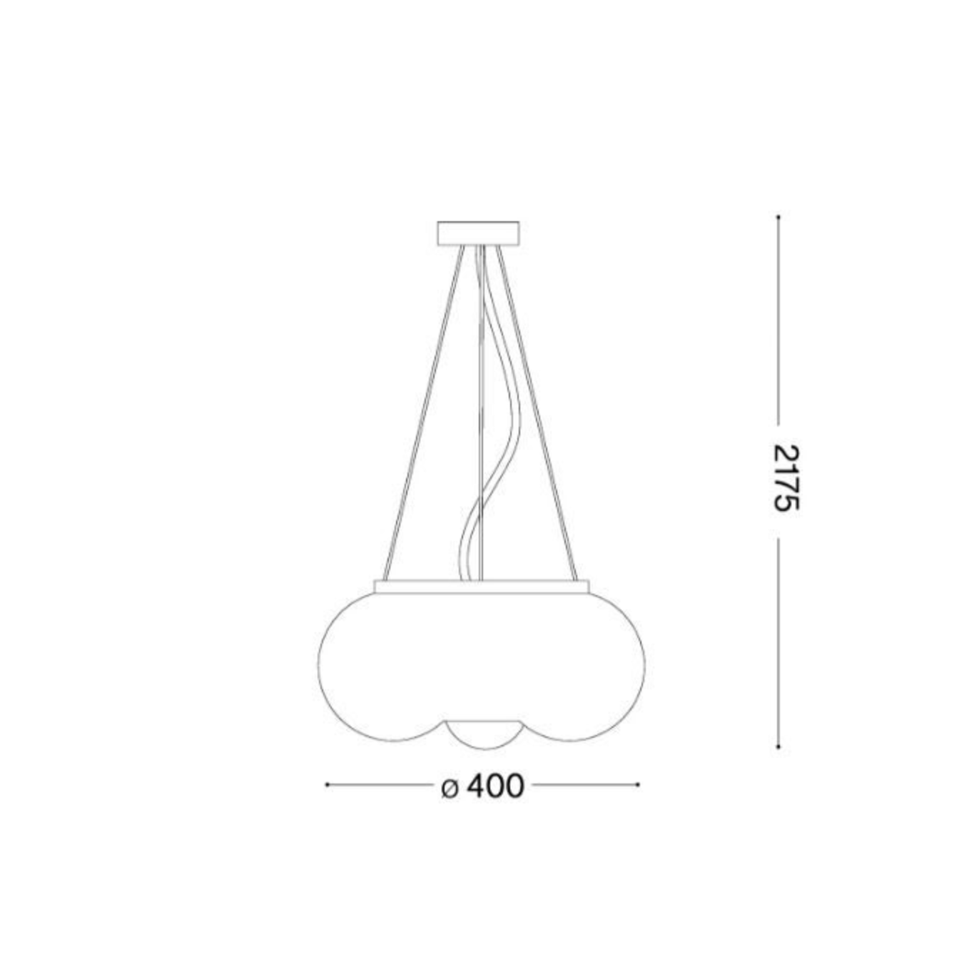 Technical drawing of a pendant light with dimensions on a white background
