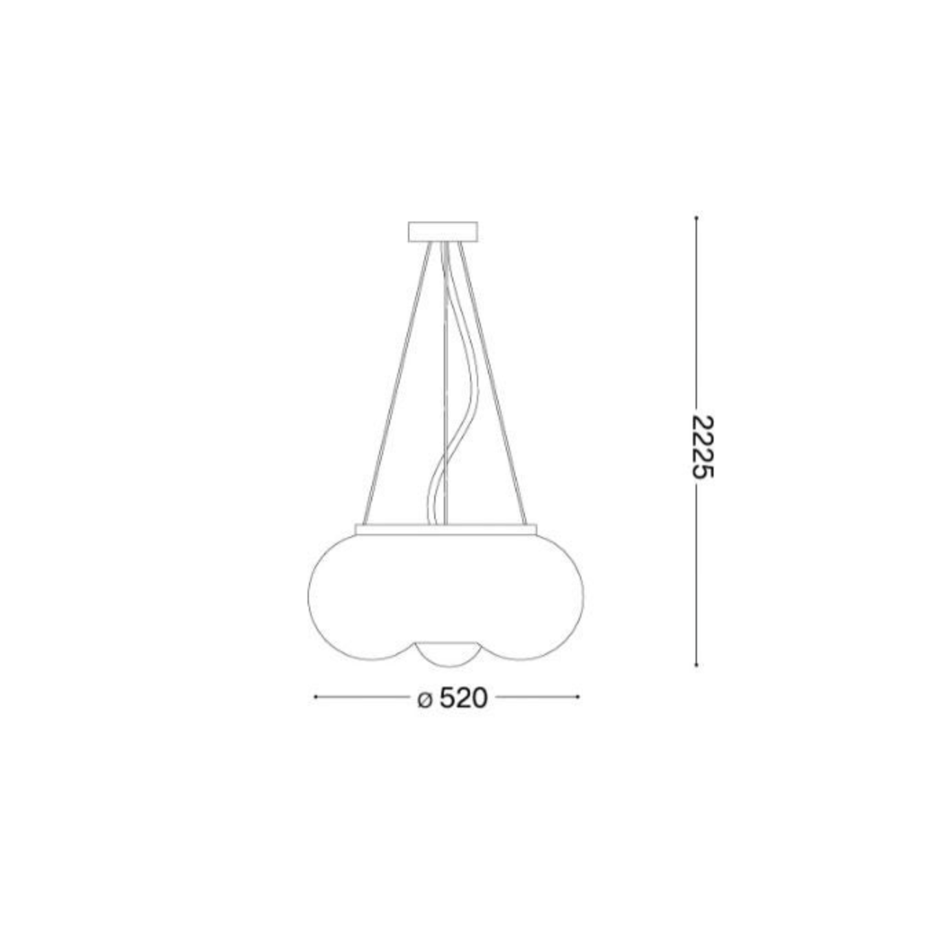 Technical drawing of a pendant light with dimensions on a white background