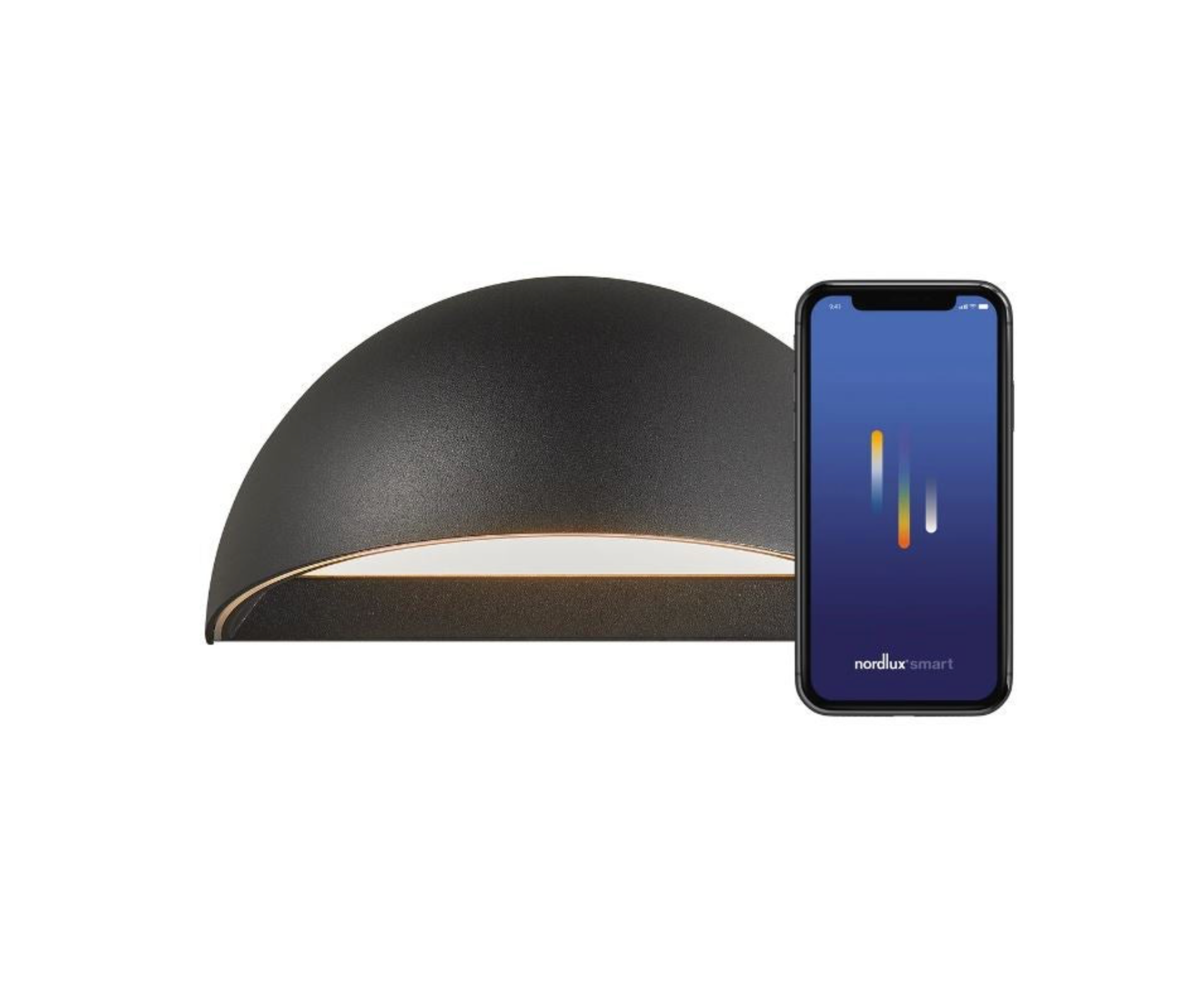 Black outdoor wall light fixture with smartphone displaying a smart home app on a white background