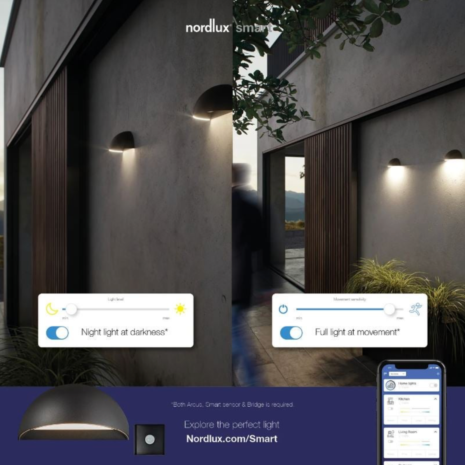 Modern house exterior with smart lighting system control interface on a smartphone screen.