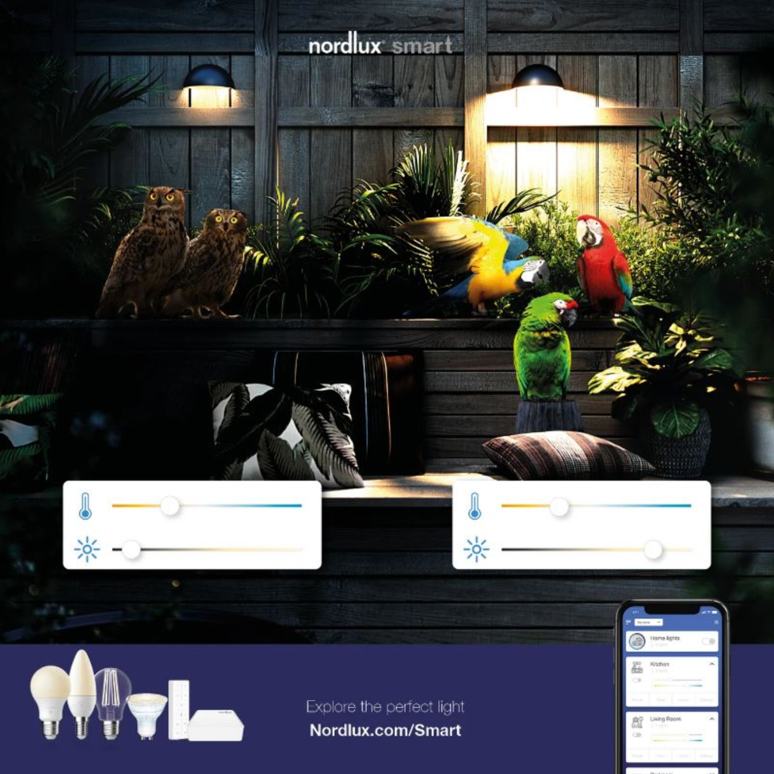 Nordlux smart lighting system with birds and plants in a garden setting