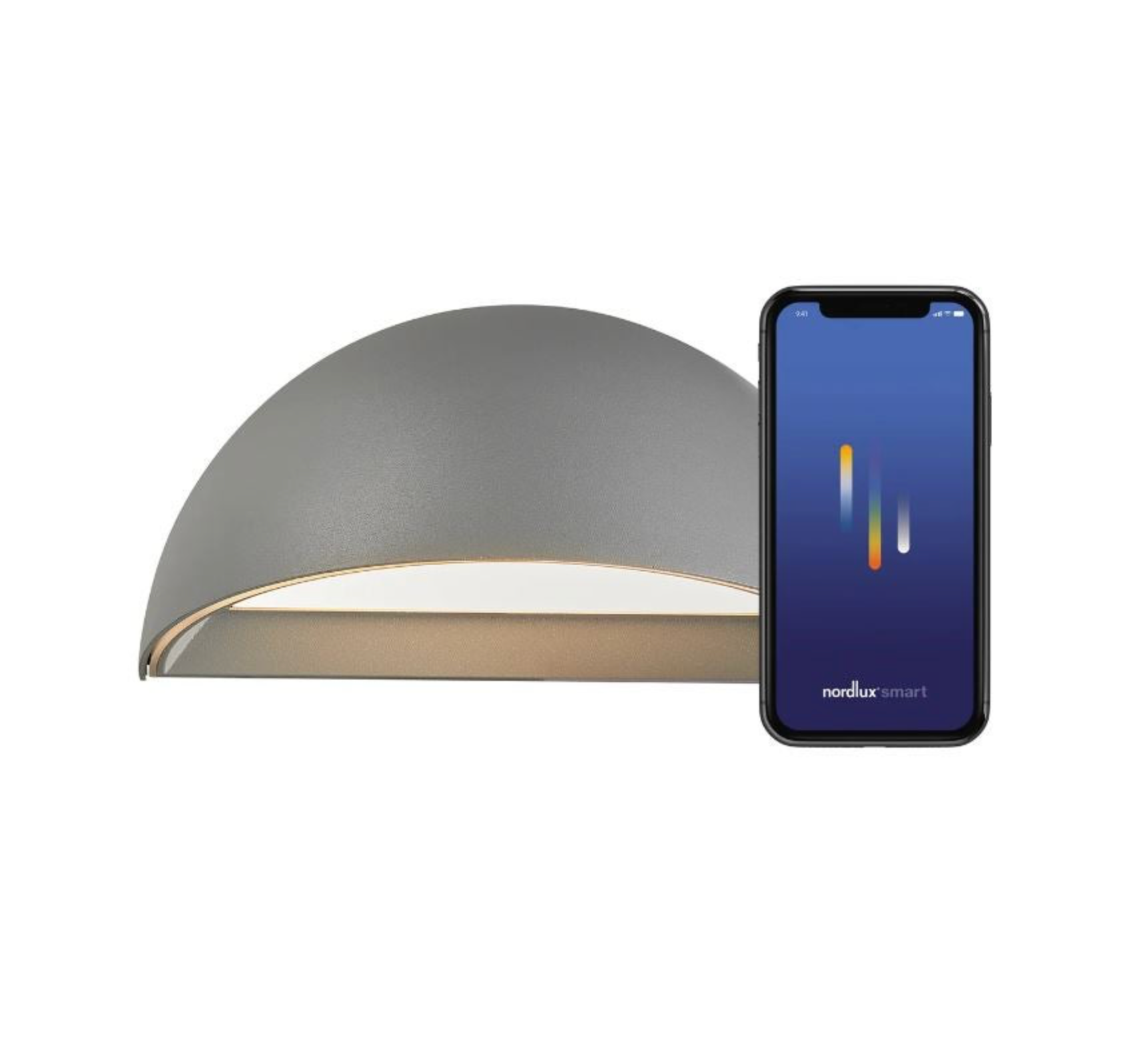 Grey wall-mounted light fixture with a smartphone displaying the Nordlux Smart app on a white background
