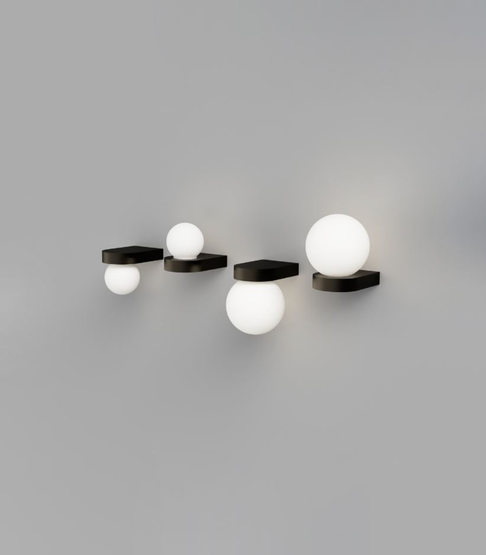Modern outdoor wall-mounted light fixture with four spherical bulbs on a gray background