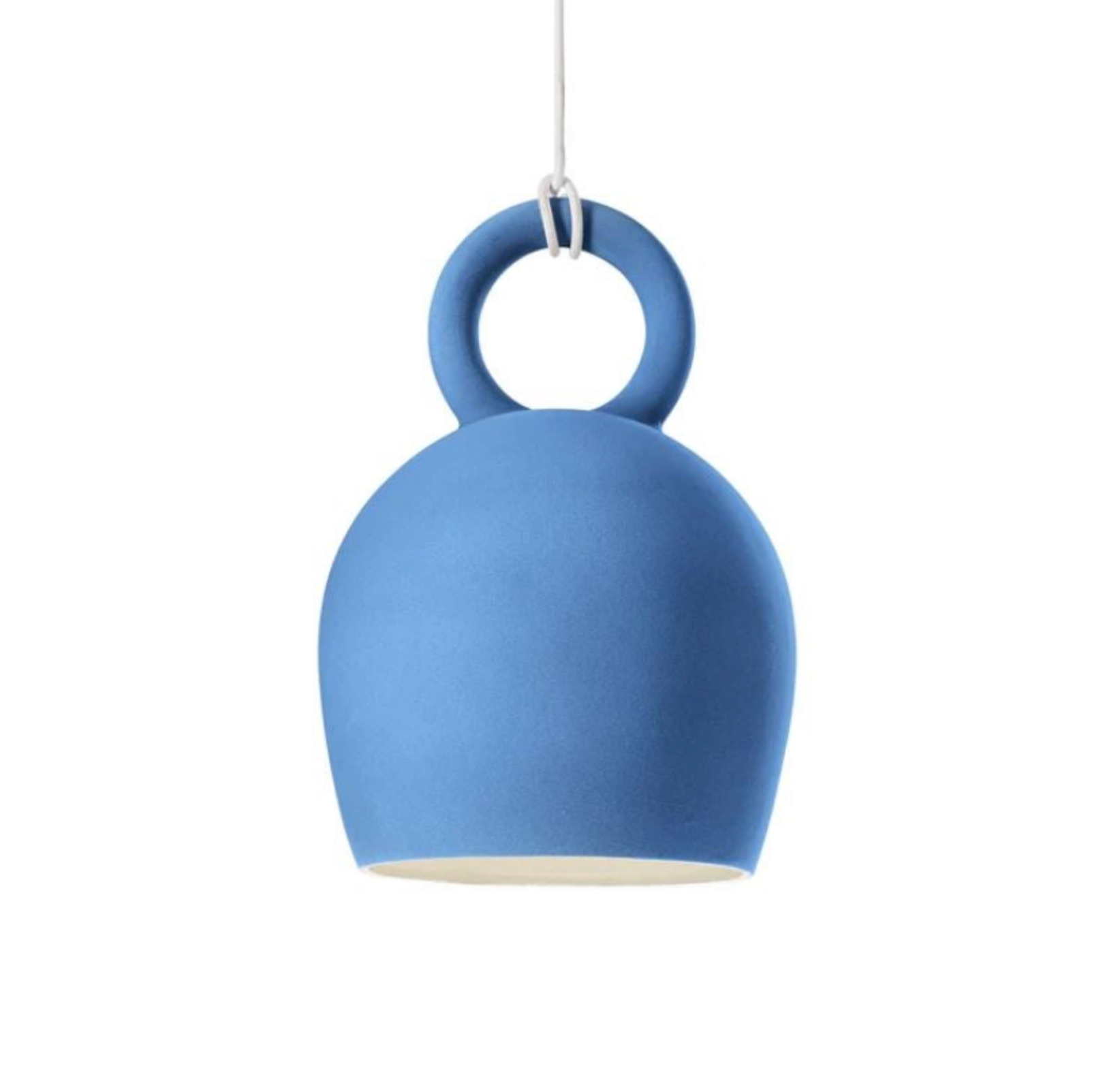 Blue clay pendant lamp with a circular design on a white background
