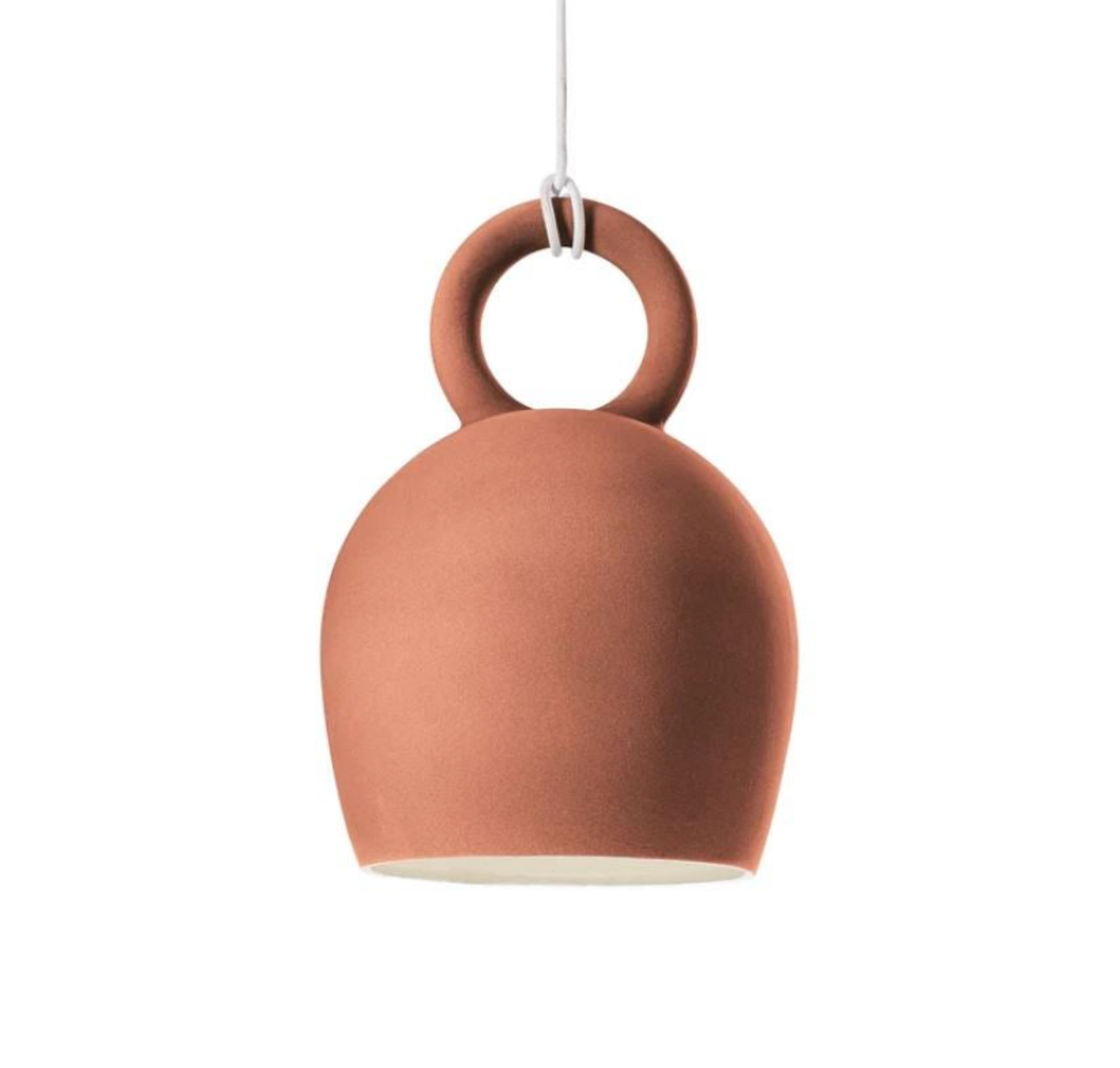 Terracotta clay pendant lamp with a circular handle on a white background