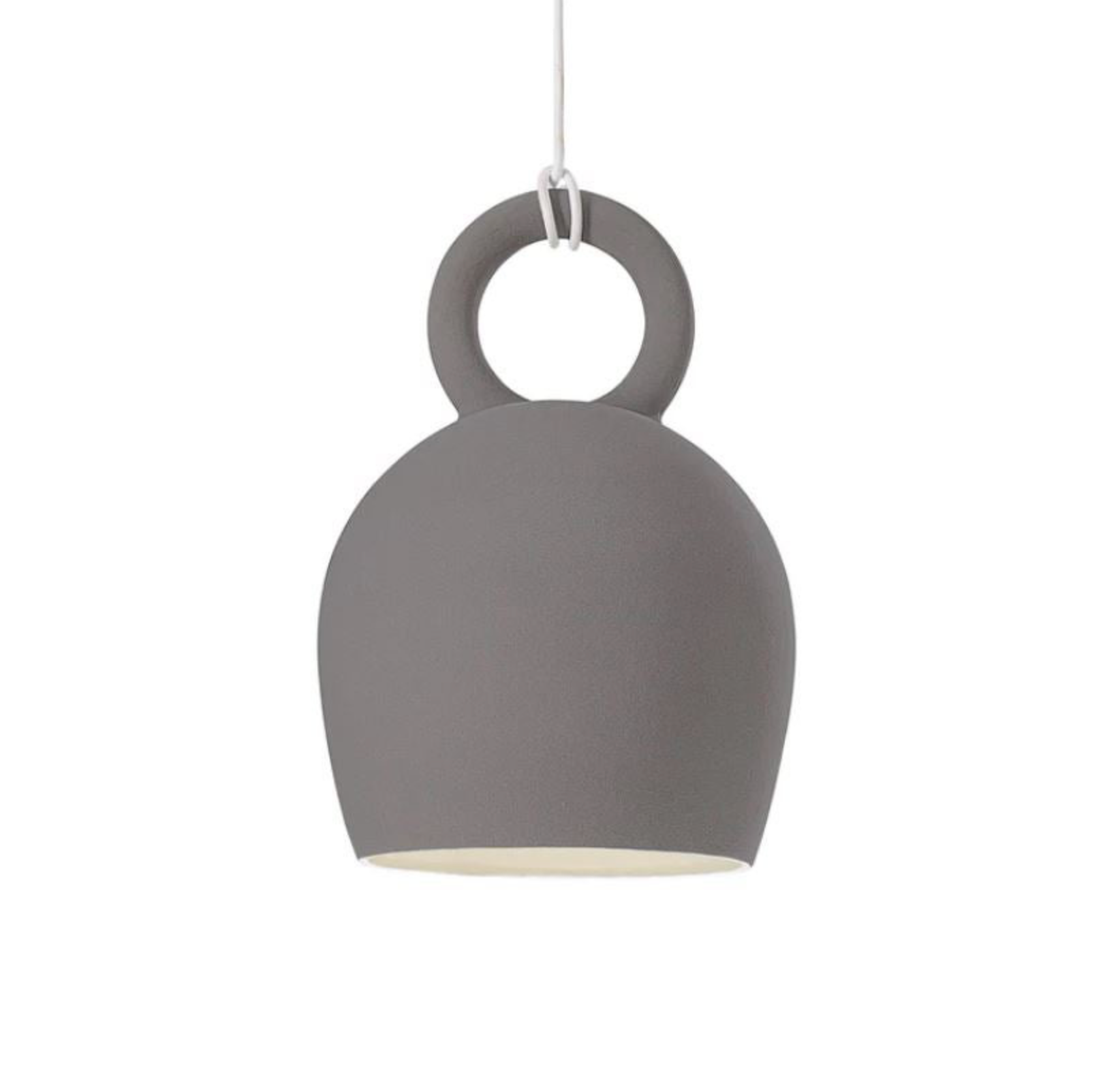 Grey clay pendant lamp with a unique design on a white background