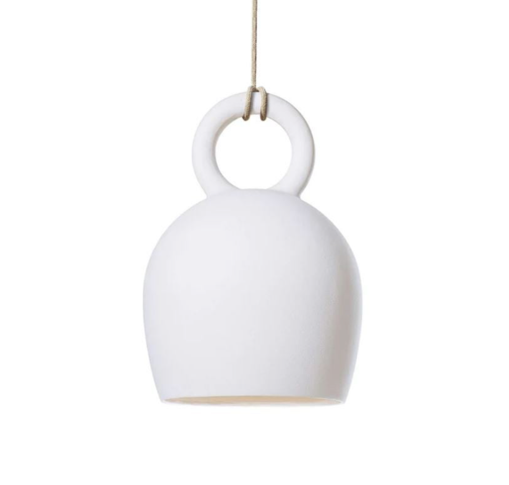 White clay pendant light with a round shade and visible hanging cord on a white background