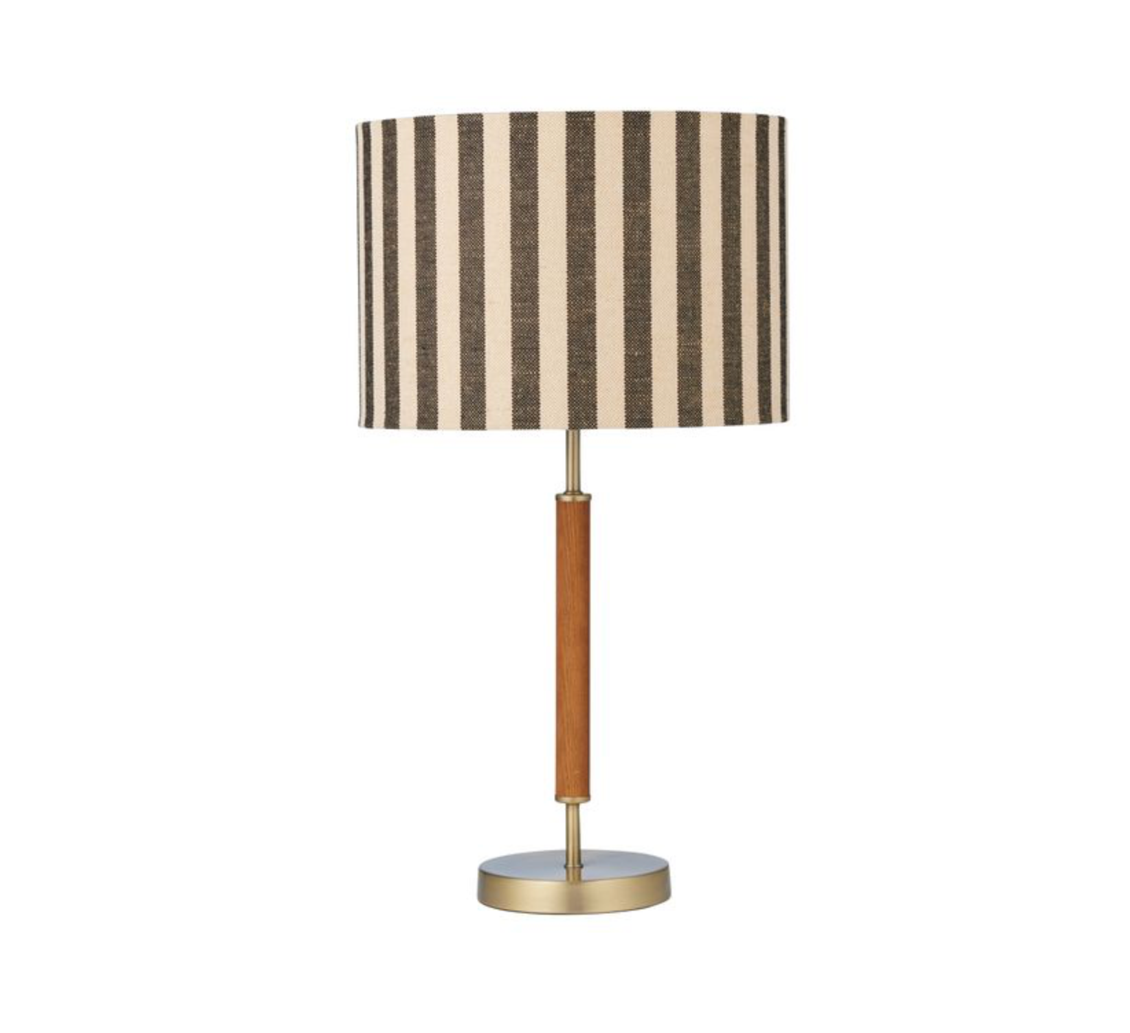 Table lamp with striped shade and wooden base on a white background