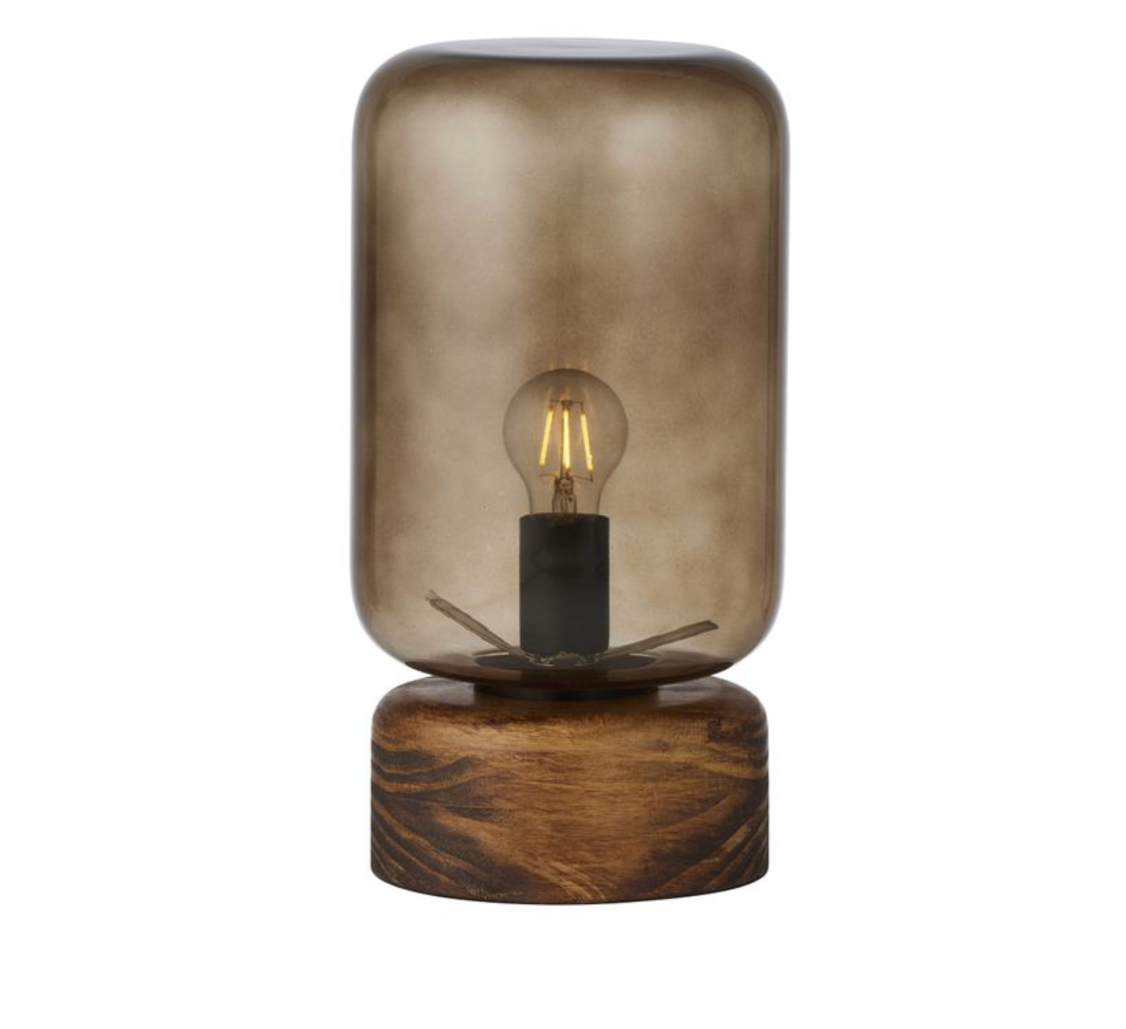 Table lamp with smoked glass shade and wooden base on a white background