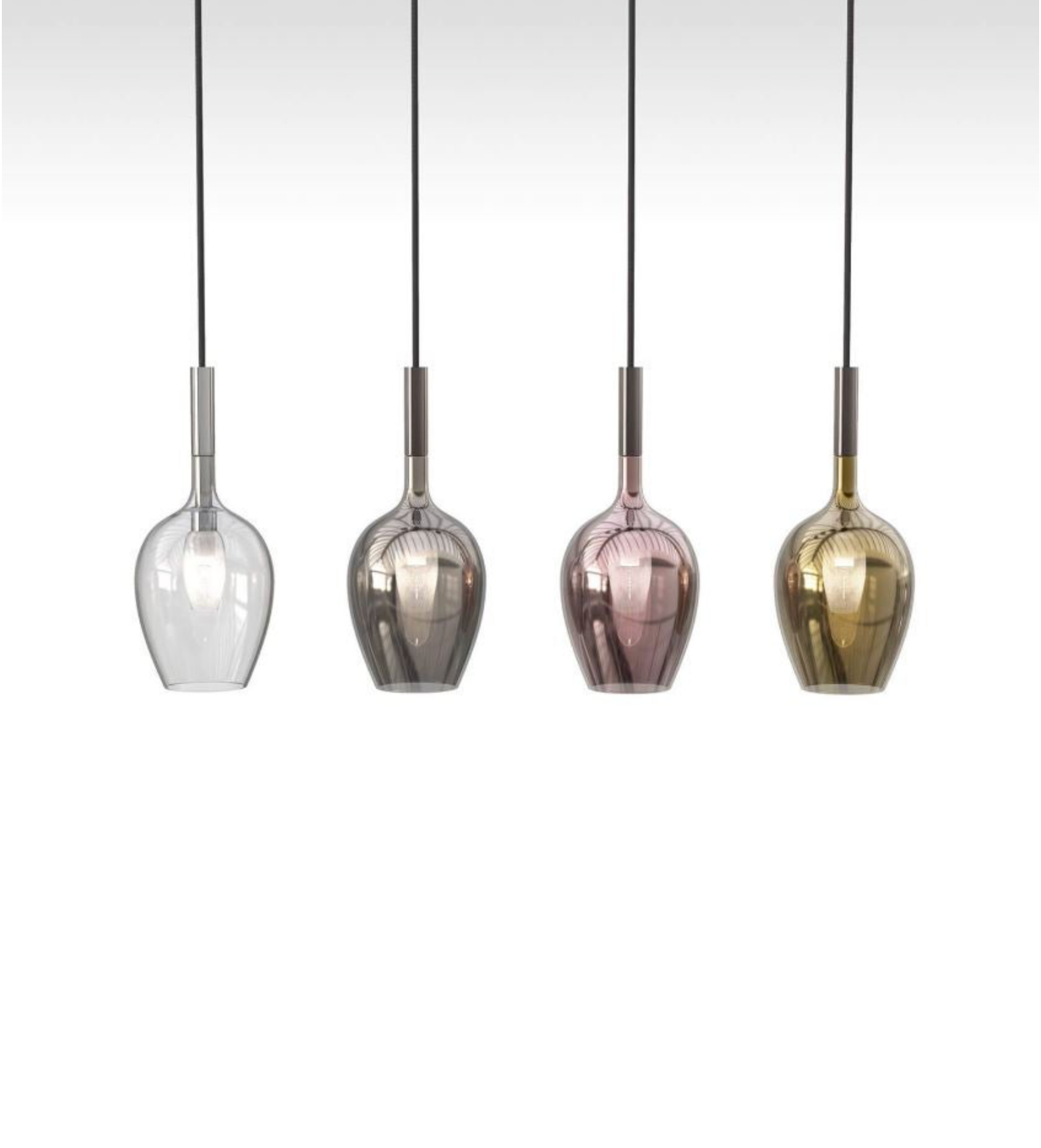 Four pendant lights with glass shades on a white background