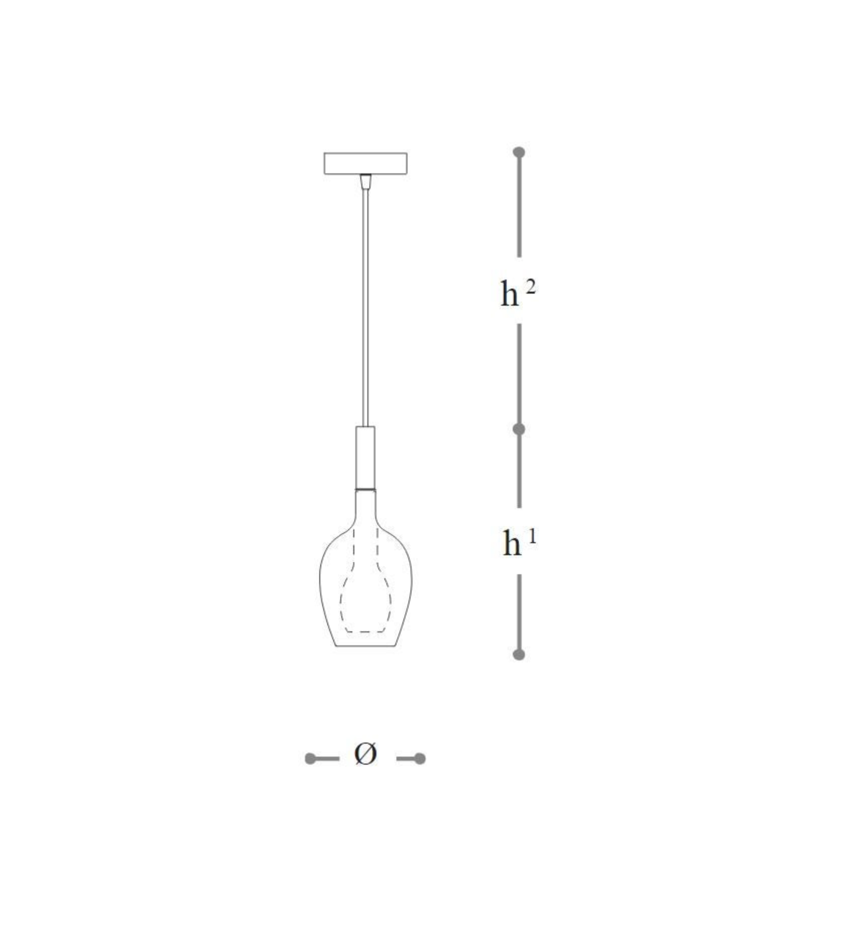 Diagram of a pendant light with labeled measurements on a white background