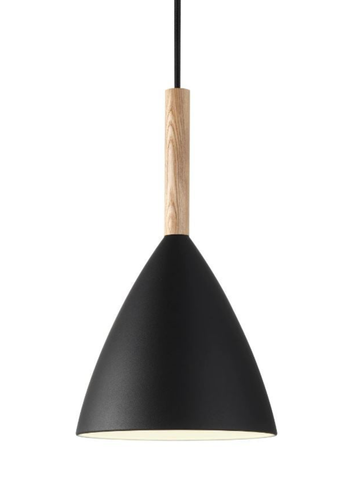 Black pendant light with wooden fixture on a white background