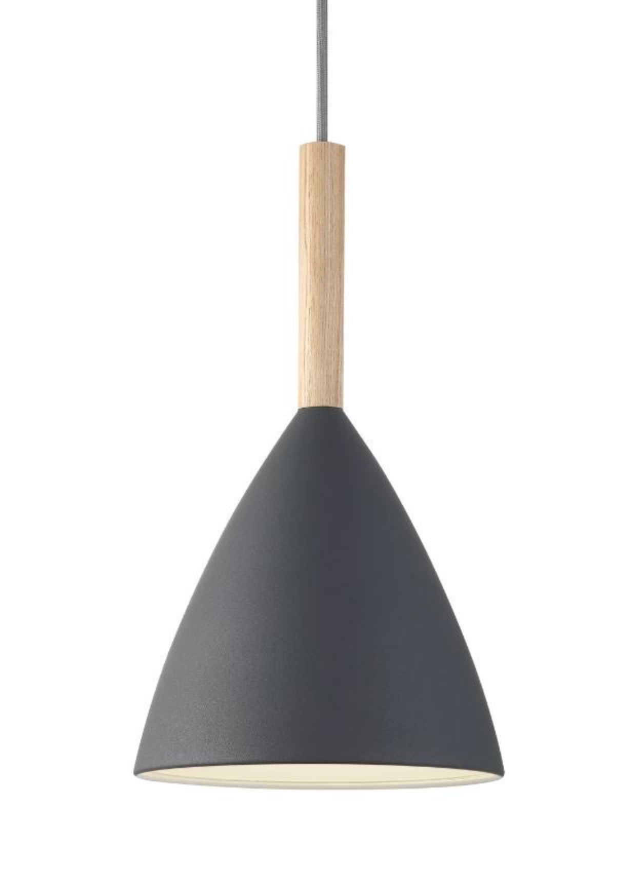 Pendant light with black shade and wooden fixture on a white background
