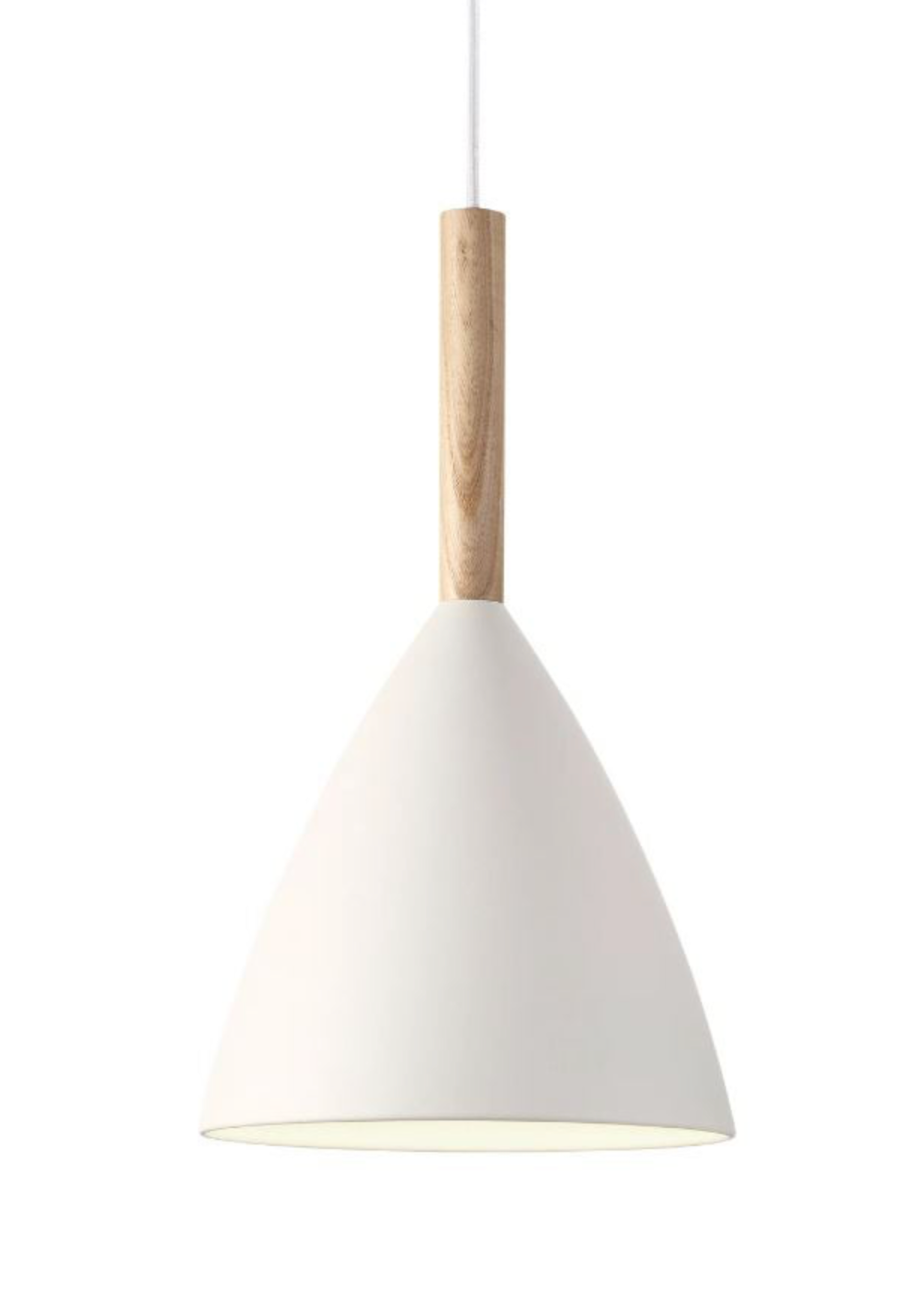 White pendant lamp with wooden fixture on a white background