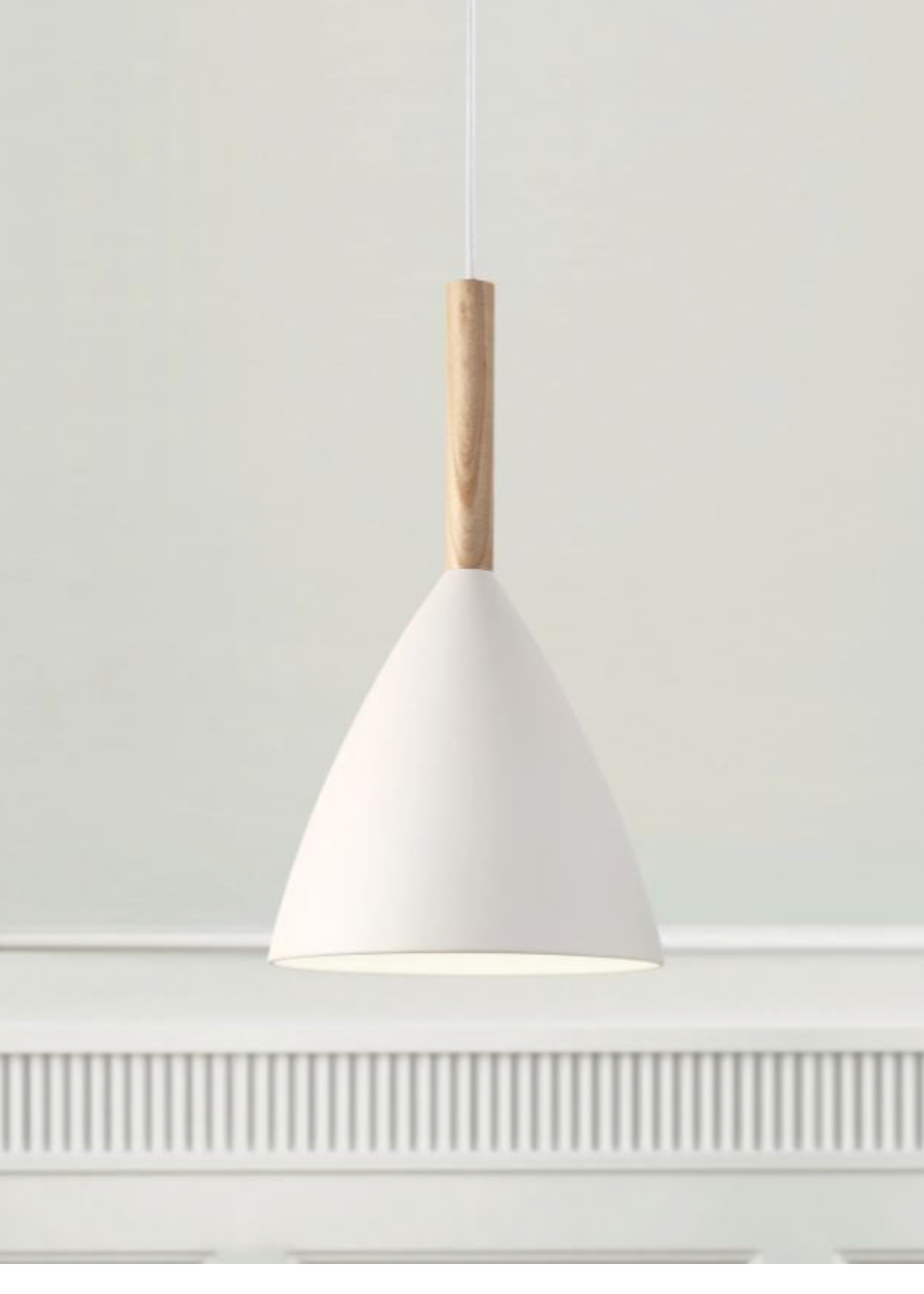 White pendant lamp with wooden fixture on a white background