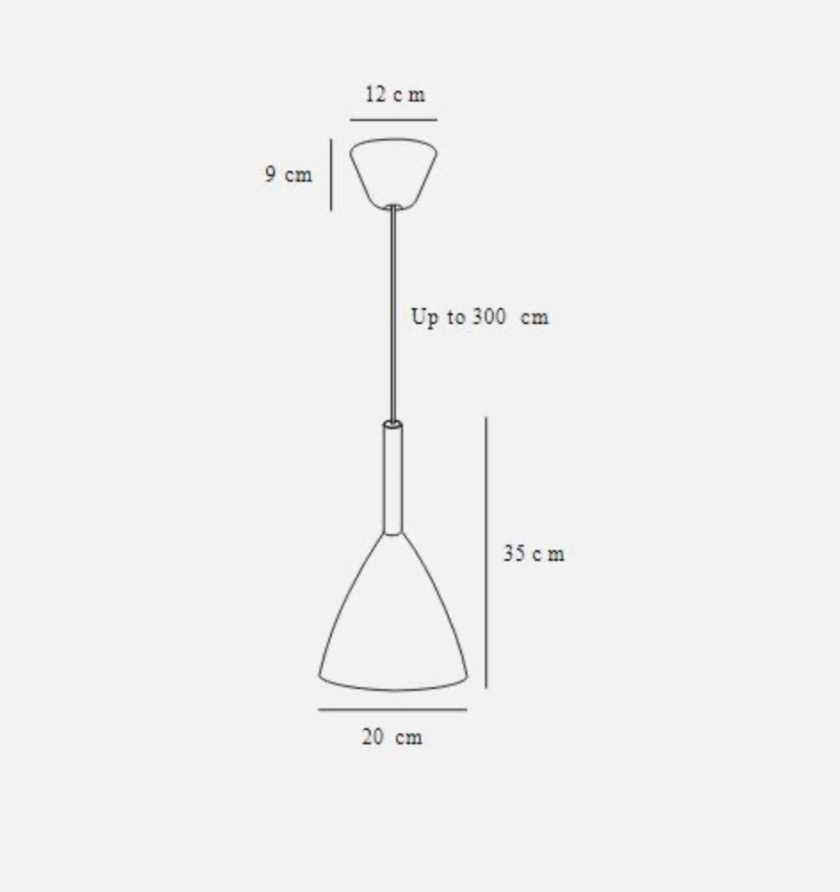 Measurement chart of a pendant light with dimensions on a white background