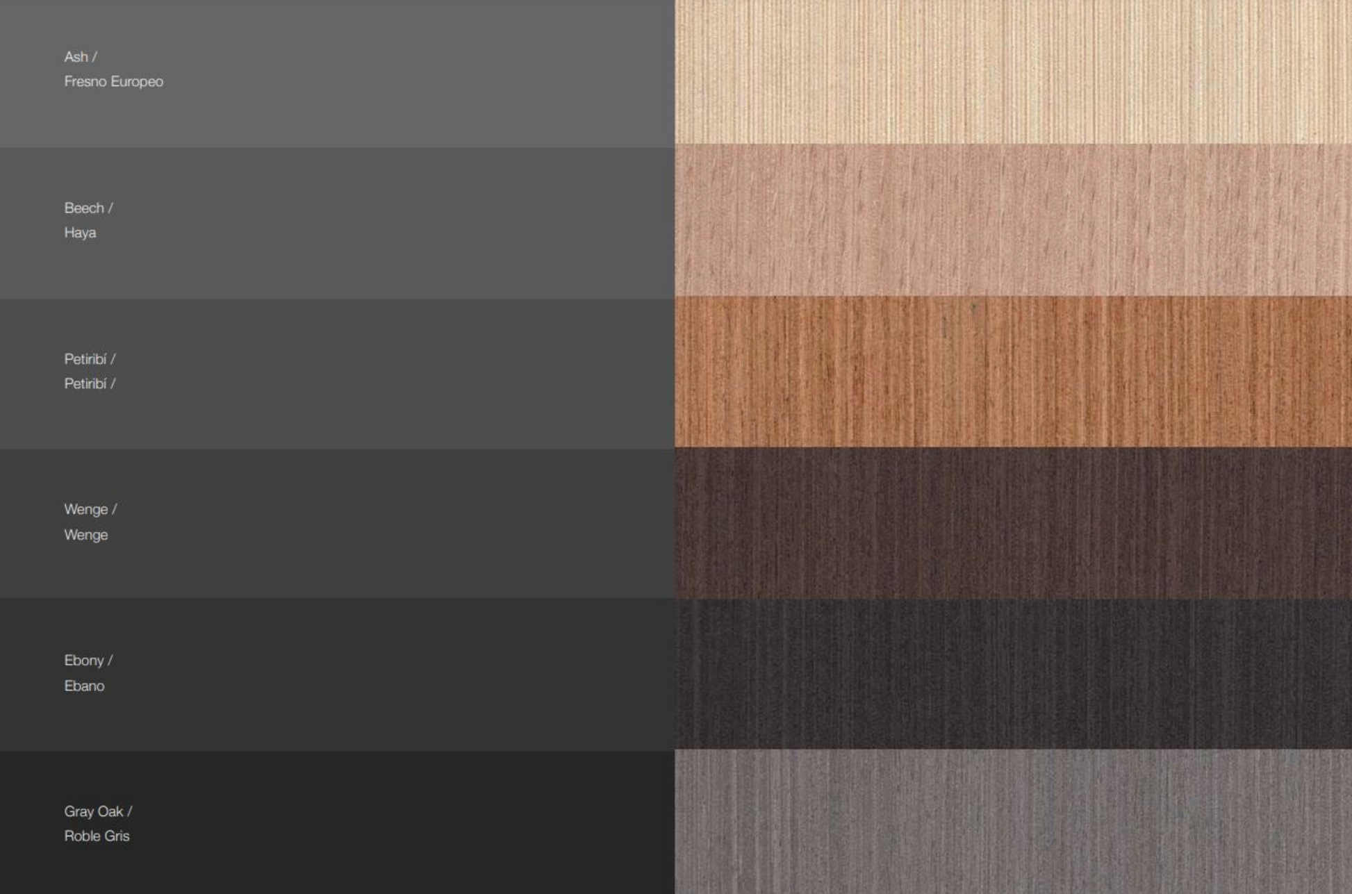 Colour swatches of different wood finishes for a pendant light including Piano, Haya, Patina, Wenge, Ebanio, and Grey Oak.