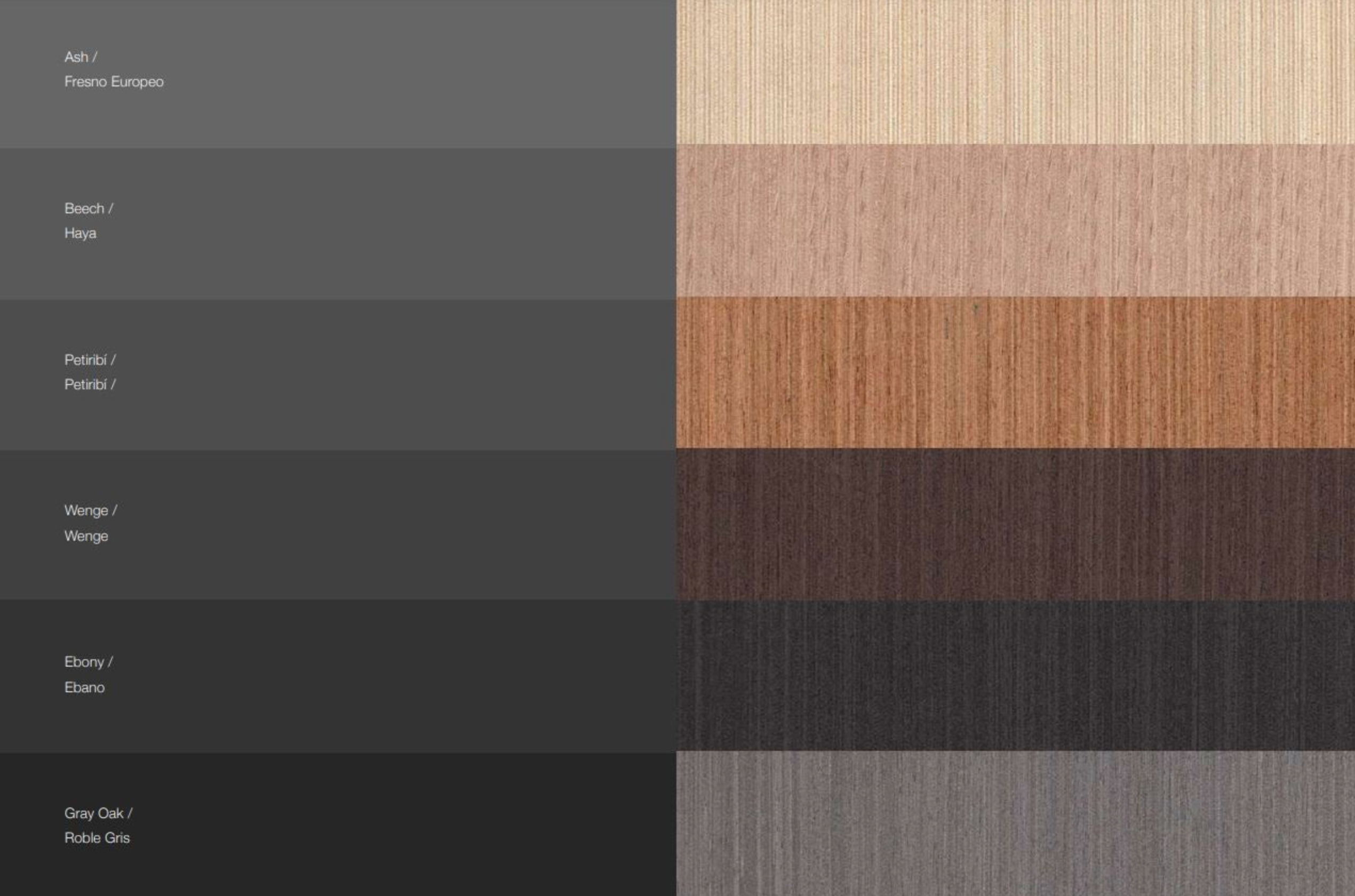 Colour swatches of different wood finishes for a pendant light including Piano, Haya, Patina, Wenge, Ebanio, and Grey Oak.