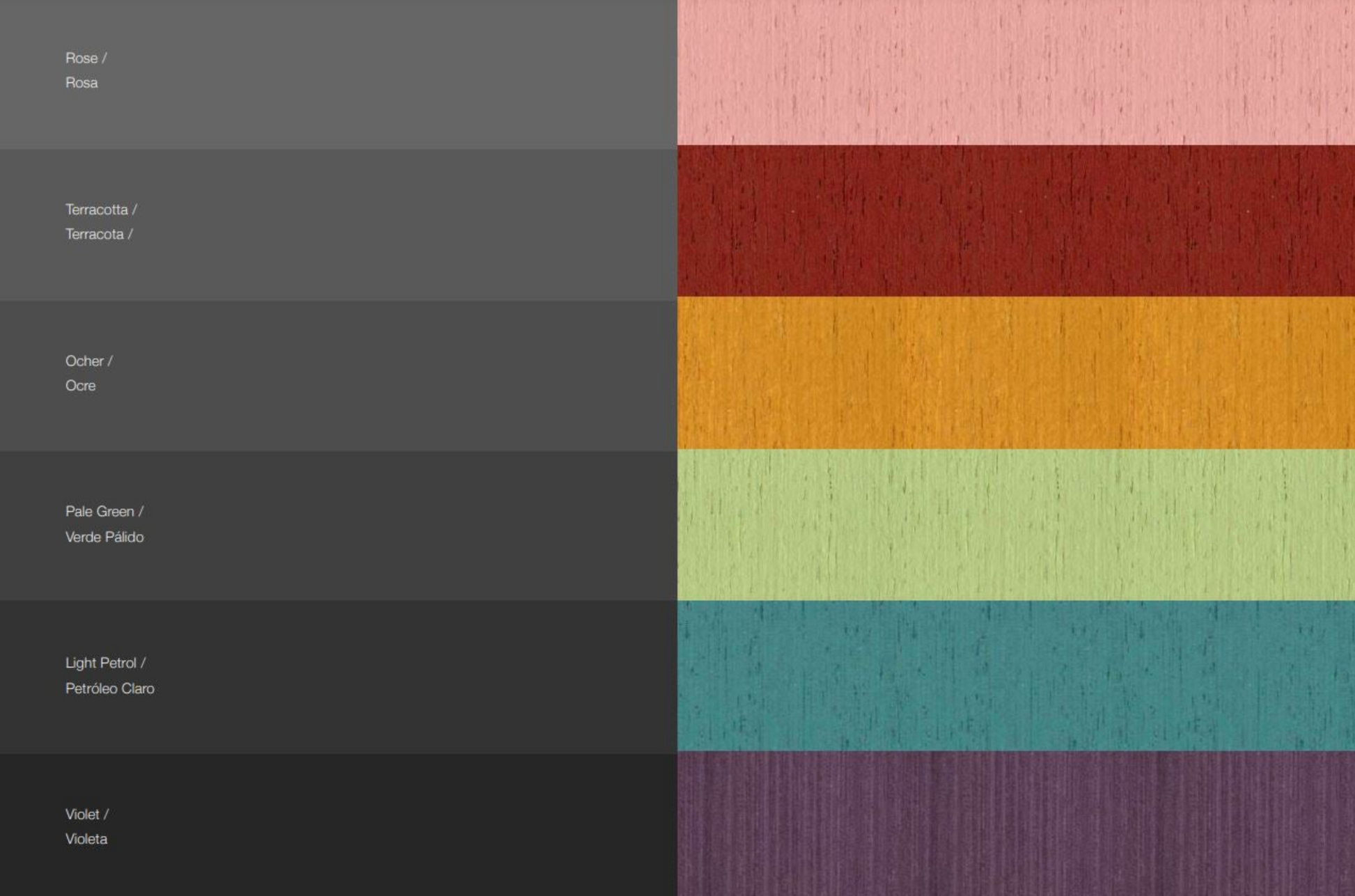 Wood pendant light colour swatches with various shades of grey, pink, brown, green, blue, and purple on a textured background.