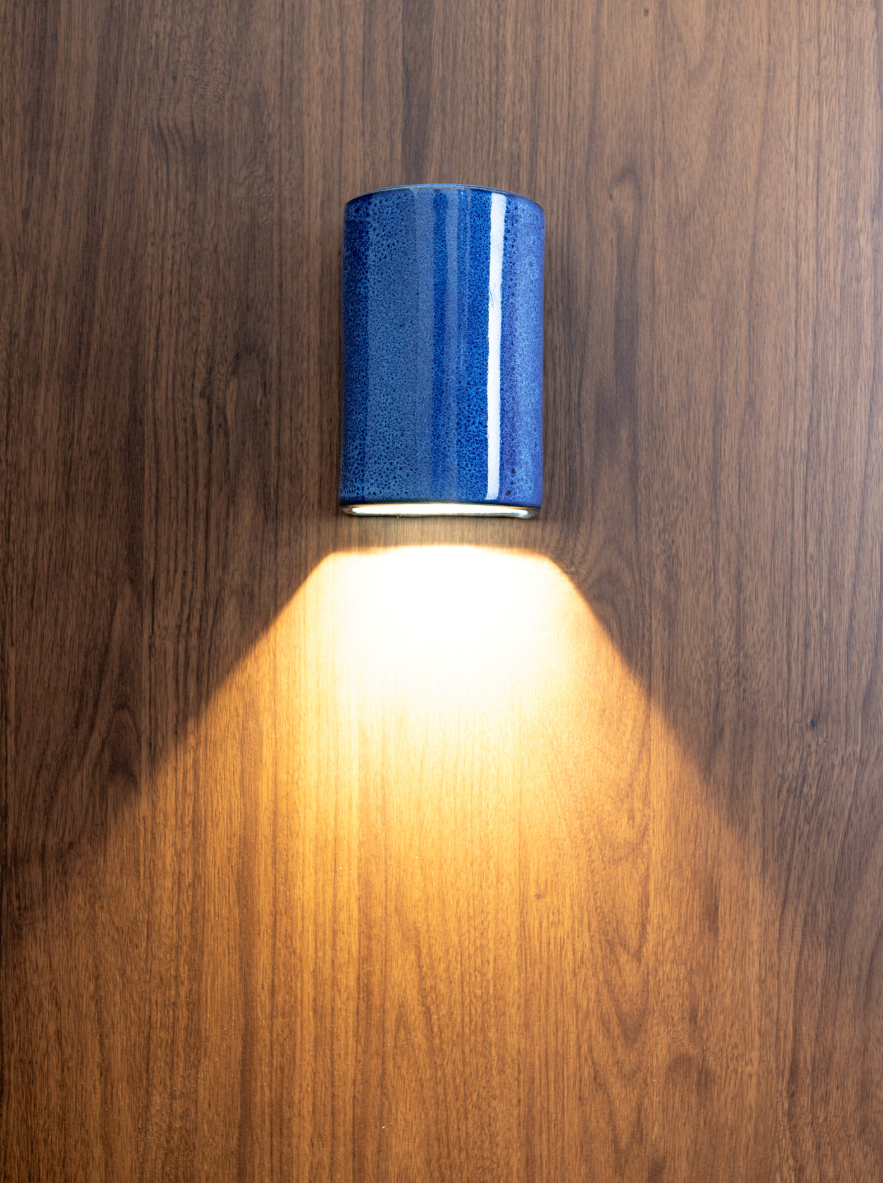 Blue cylindrical outdoor wall light fixture on a wooden wall