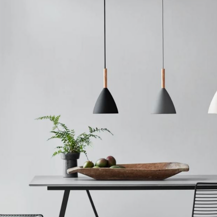 Two black pendant lights hanging above a table with a plant and bowl on a light gray background