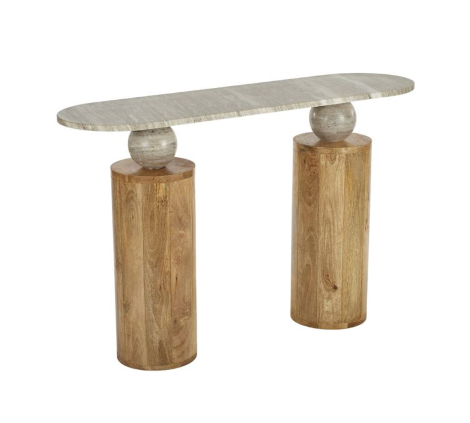 Console table with marble top and wooden cylindrical legs on a white background