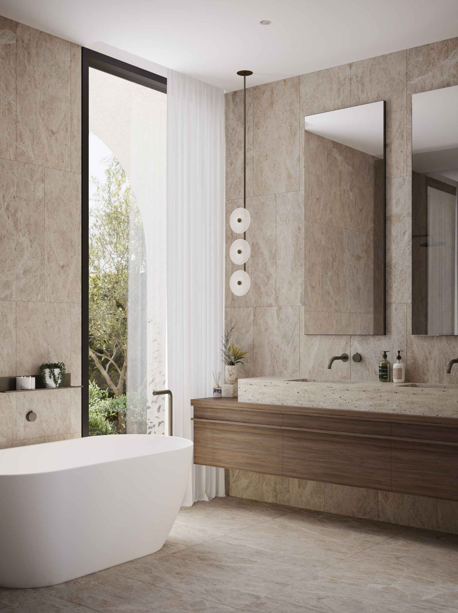 Modern bathroom with a freestanding bathtub, wooden vanity, and large windows.
