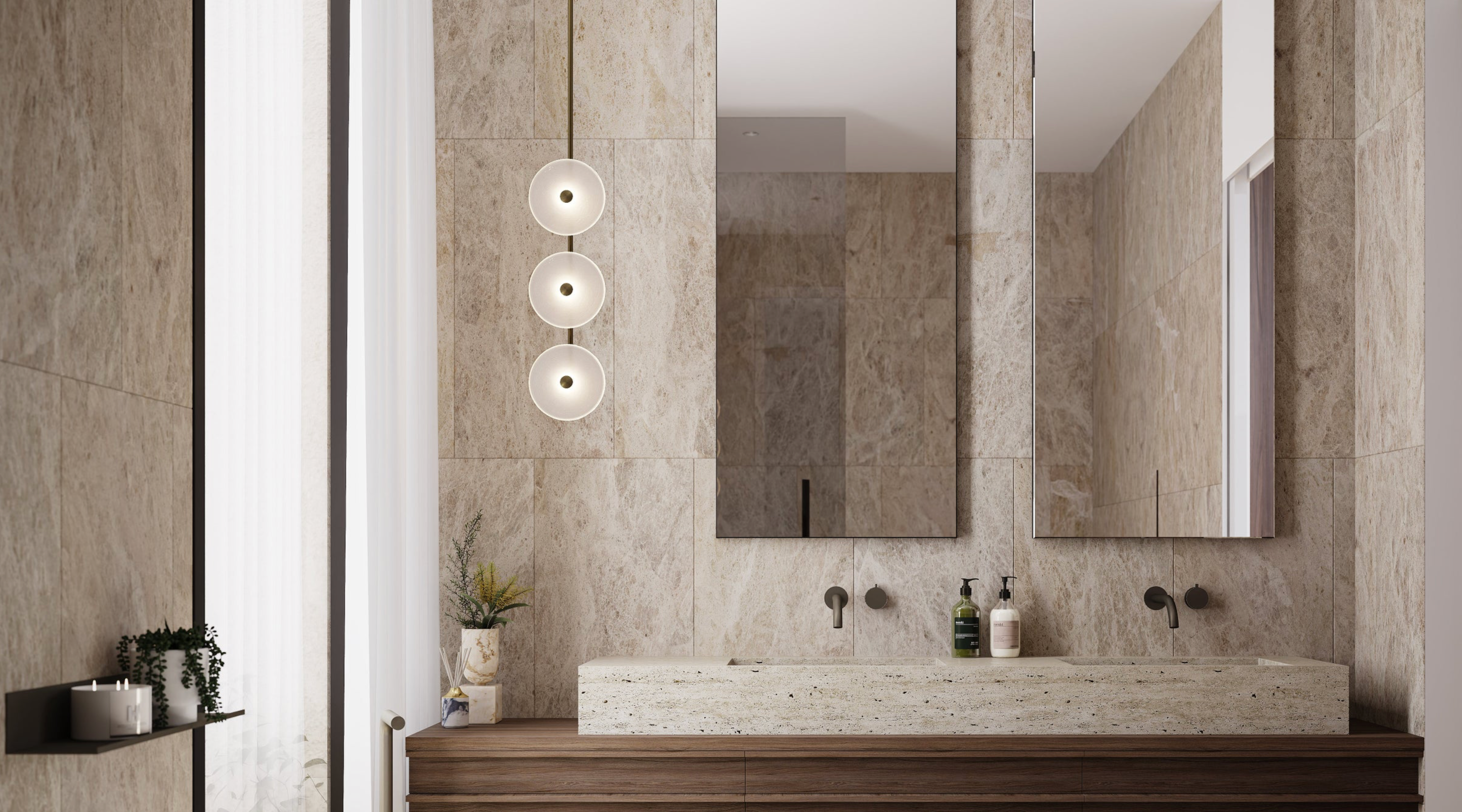 Modern bathroom with marble walls, a wooden vanity, and decorative elements.
