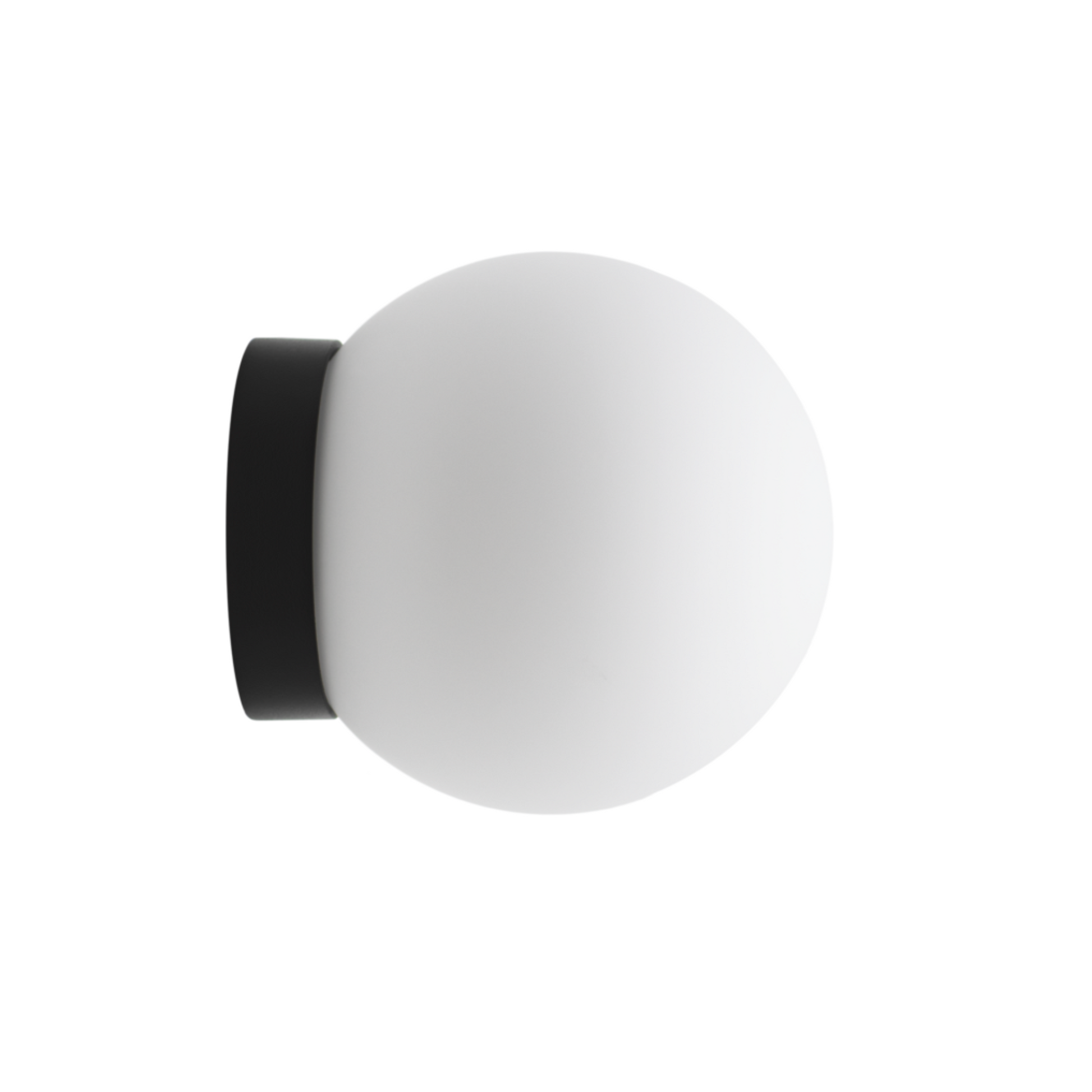 White spherical light fixture with black base on a white background
