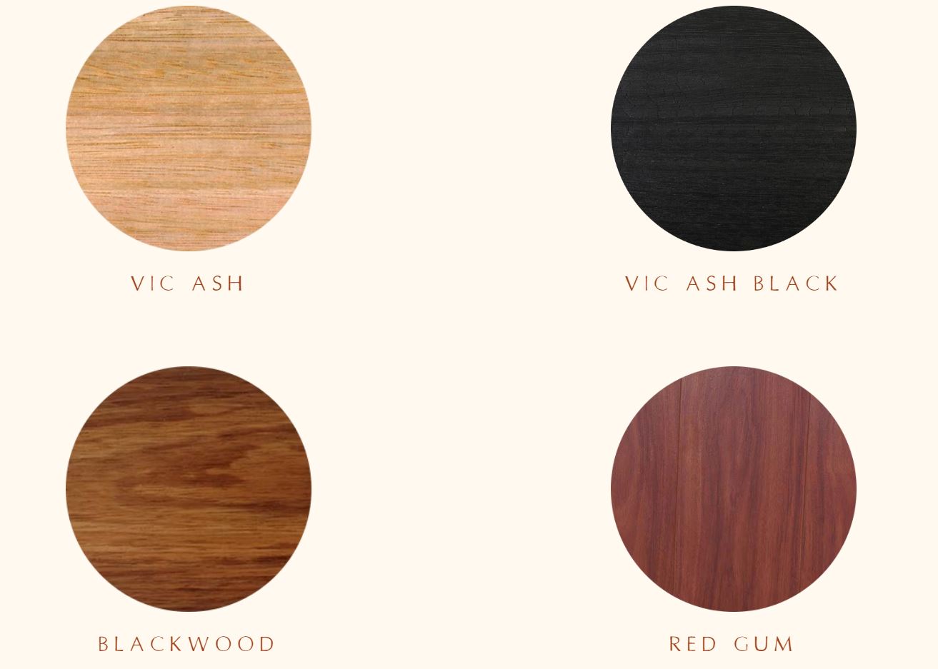 Color swatches of Vic Ash, Vic Ash Black, Blackwood, and Red Gum on a white background.