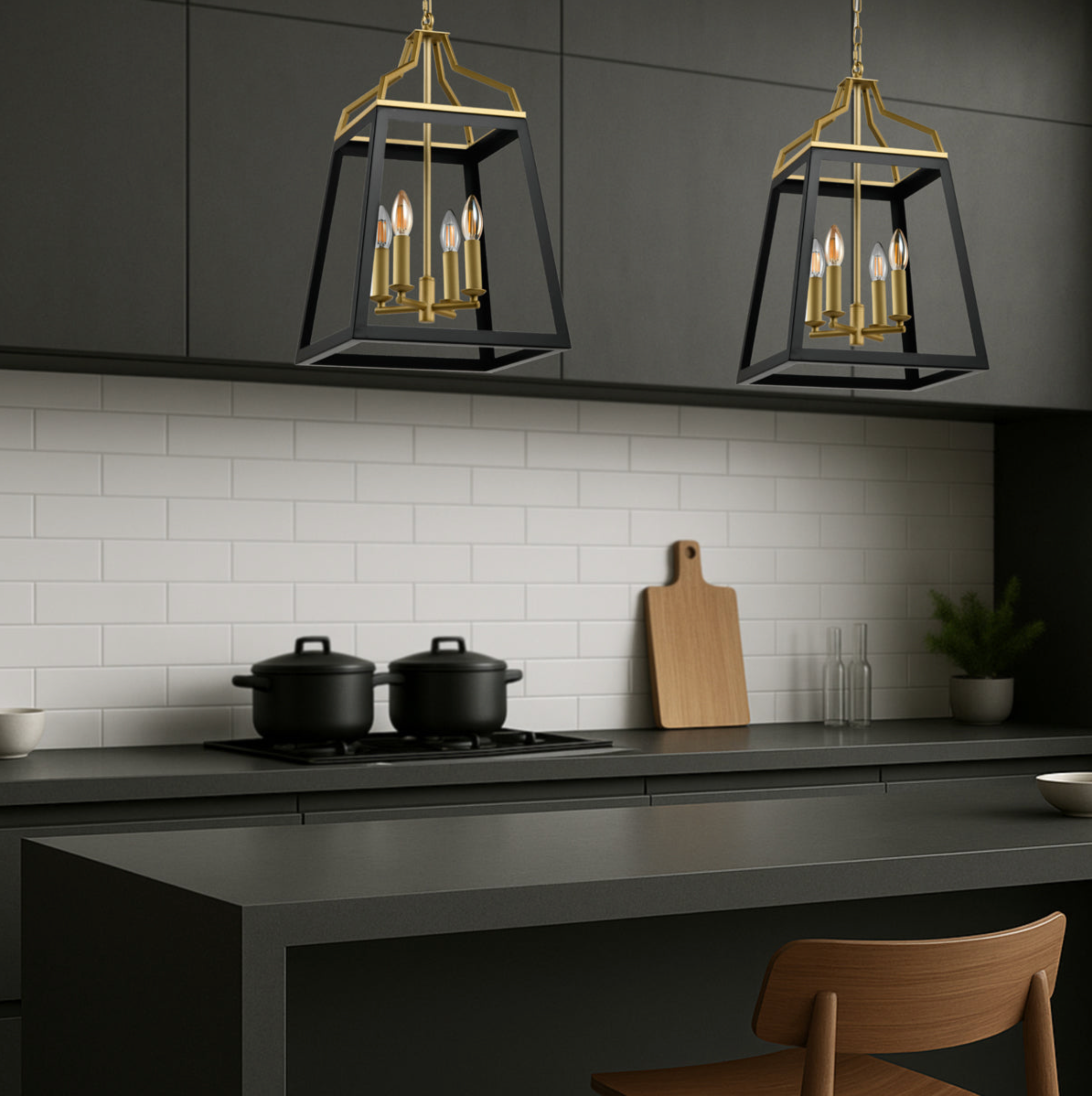Modern kitchen with black pendant lights, white tiled wall, and wooden cutting board.