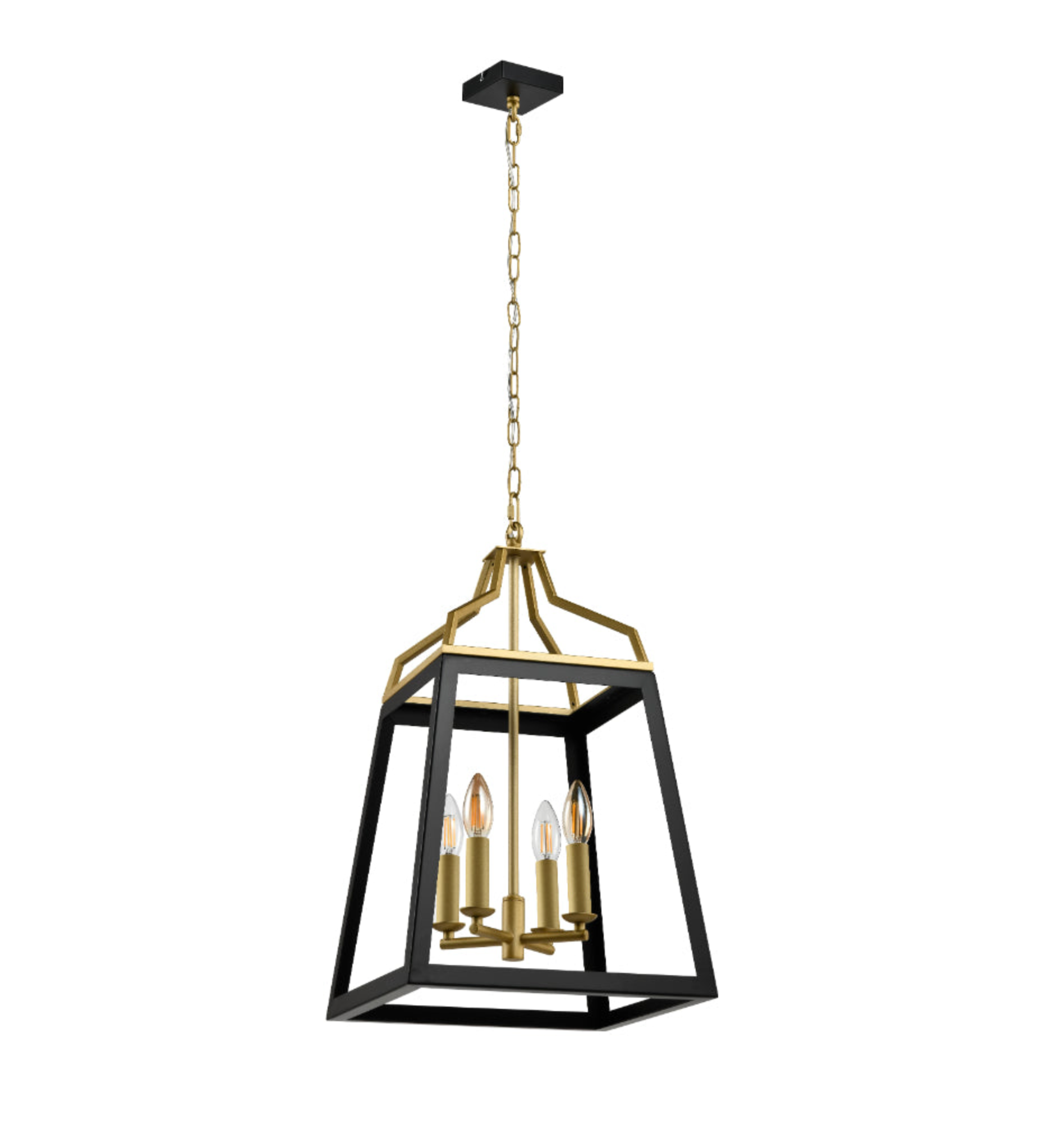 Black and gold pendant light fixture on a white background