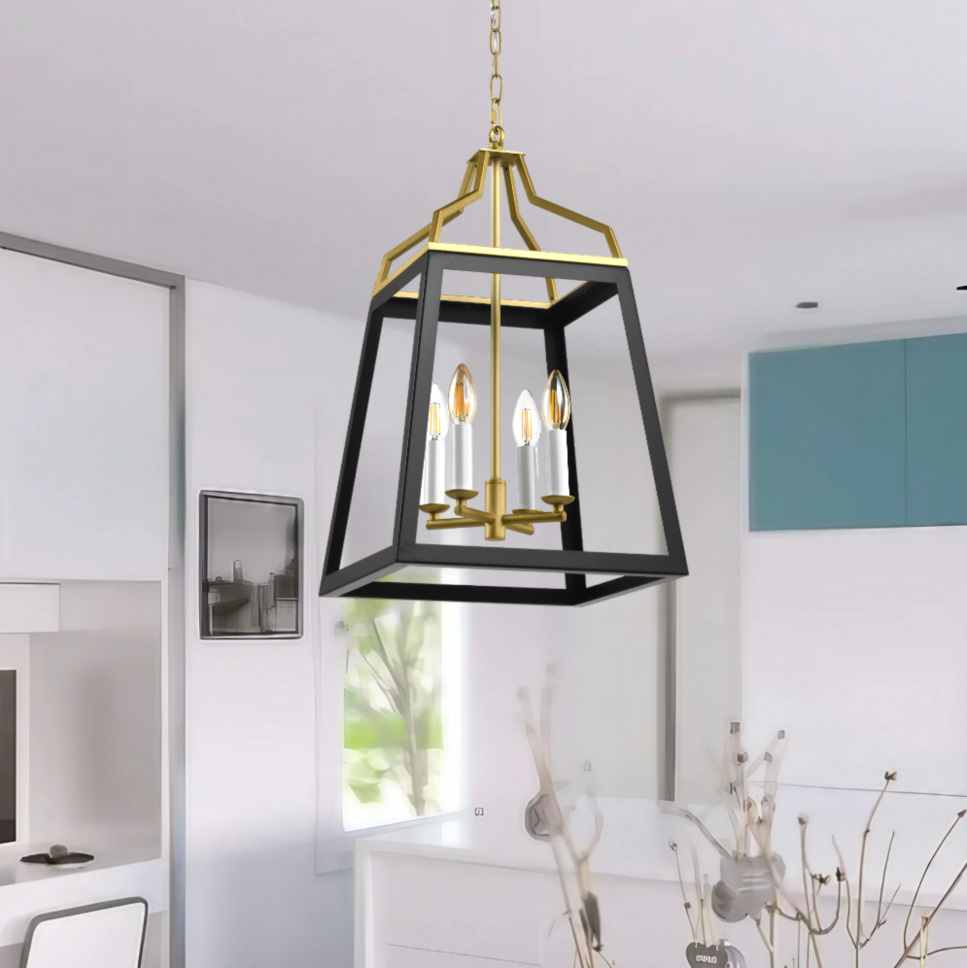 Modern pendant light fixture in a room with white walls and a window.