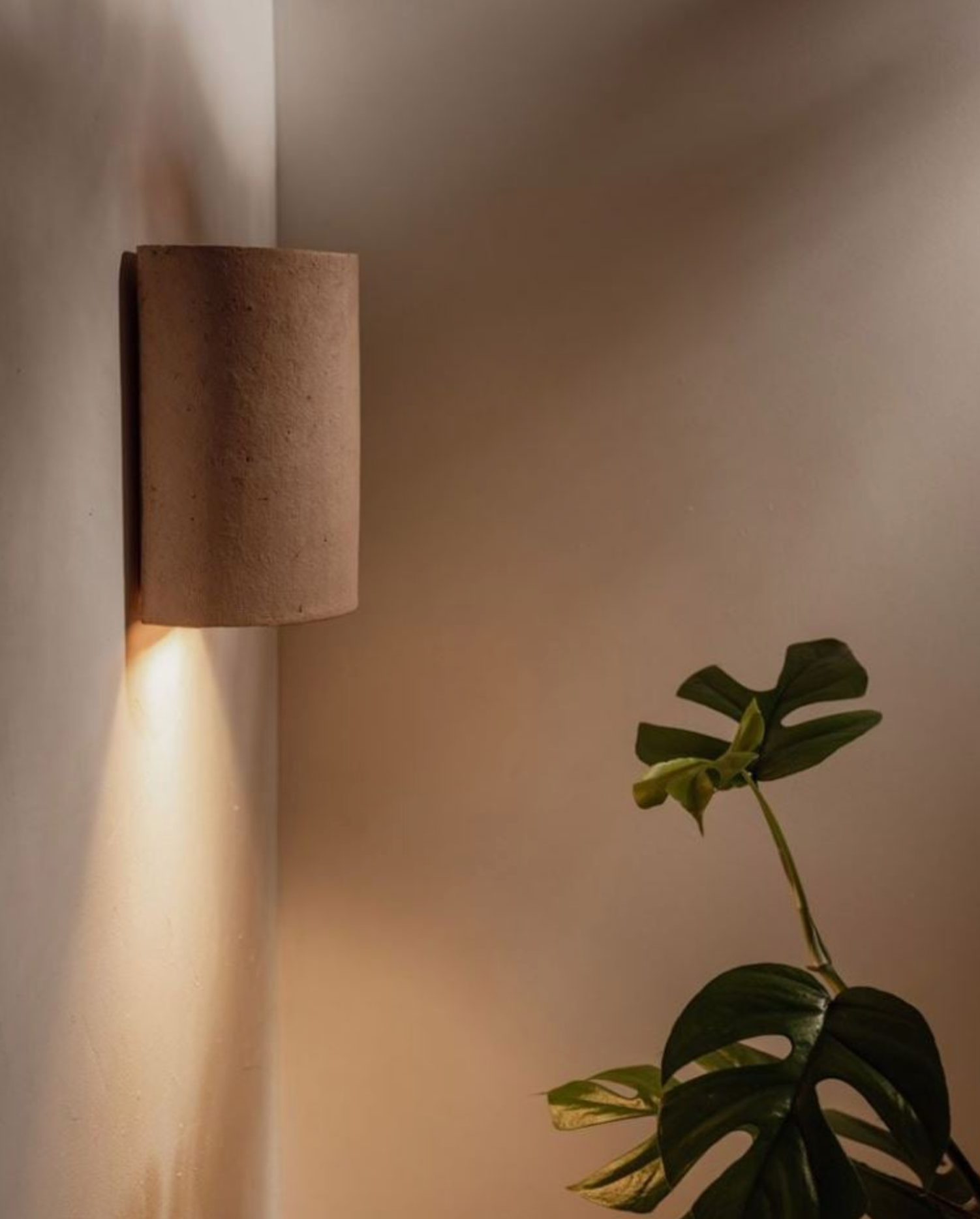 Cylindrical clay indoor wall light fixture on a neutral wall with a plant in the foreground