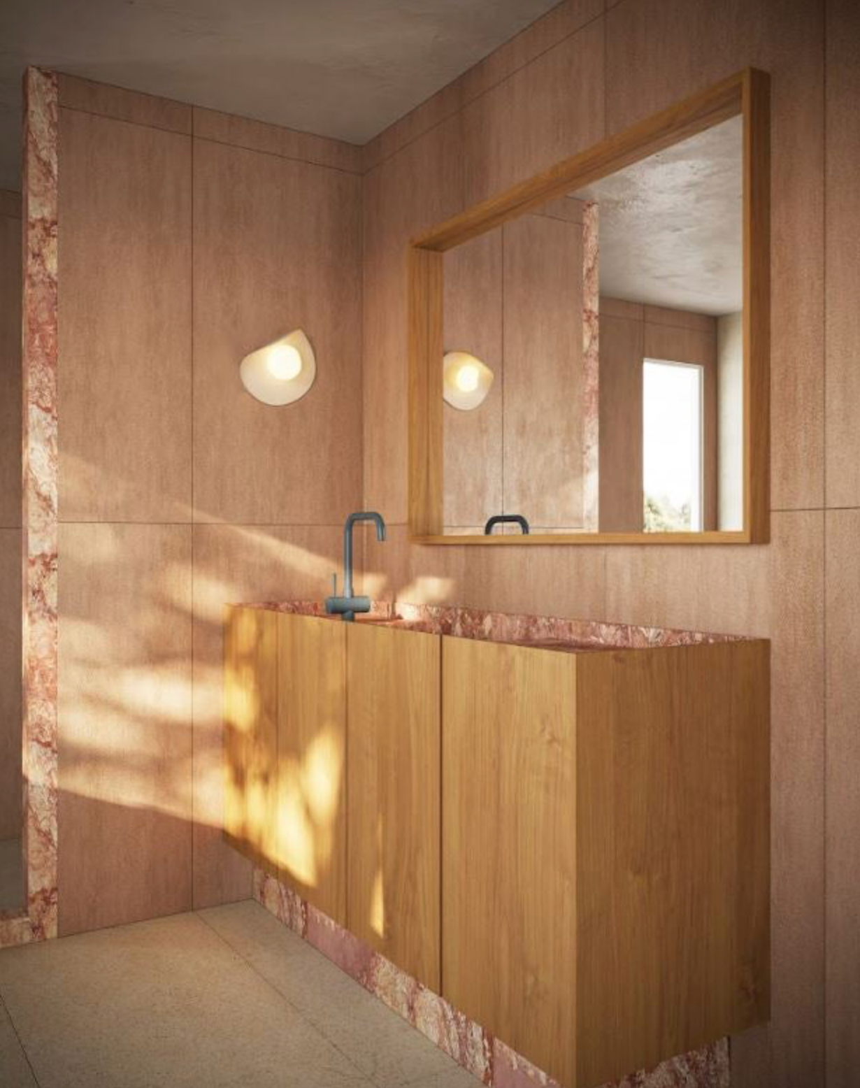 Bathroom with wooden vanity and mirror, warm wall lighting