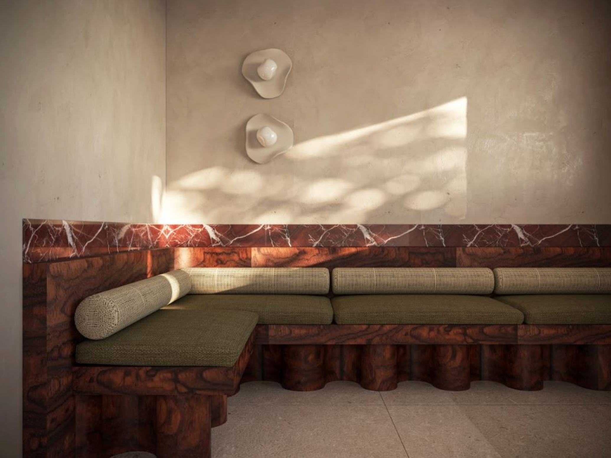 Modern seating area with marble backrest in a room with light-coloured textured wall lights
