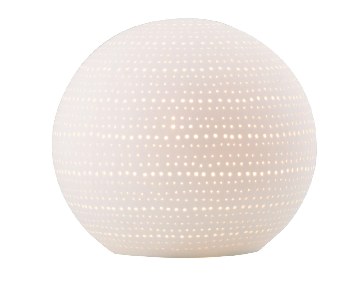 White spherical lamp with a textured surface on a white background
