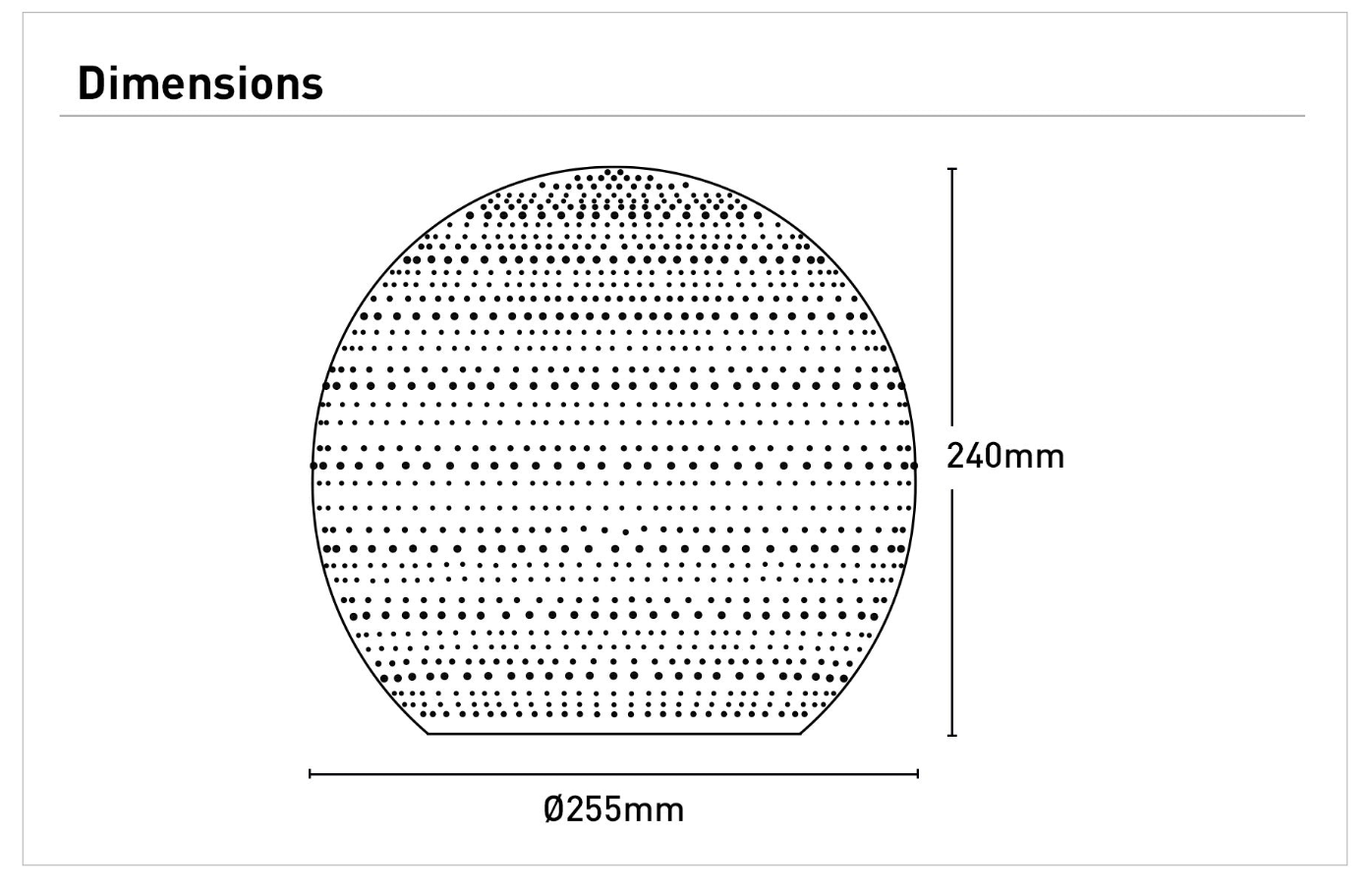 Measurement chart showing a circle with dimensions 240mm and 255mm.