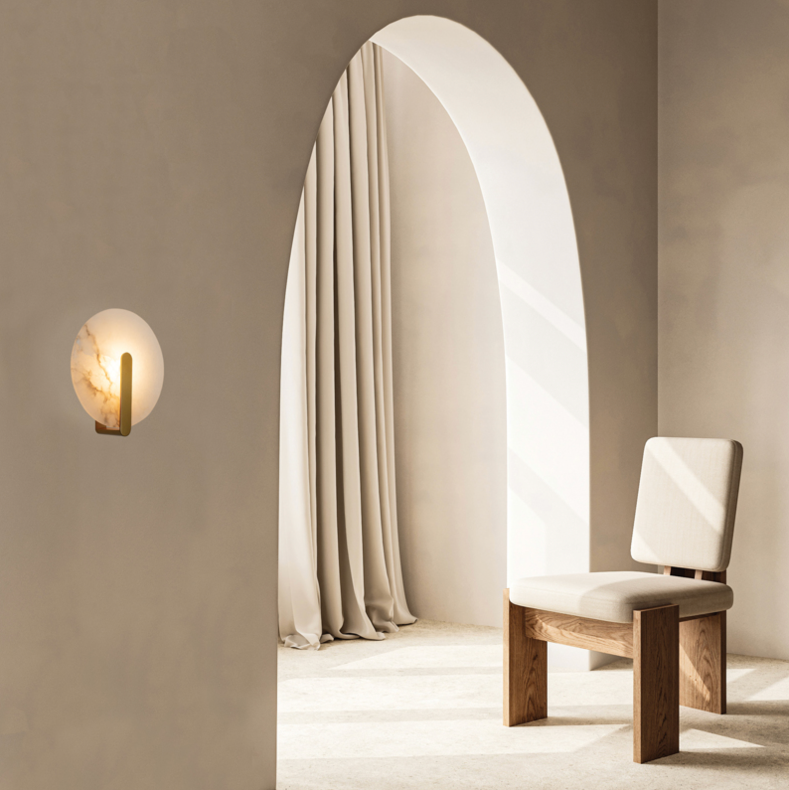 Modern chair with white cushion in a room with an archway and wall light fixture.
