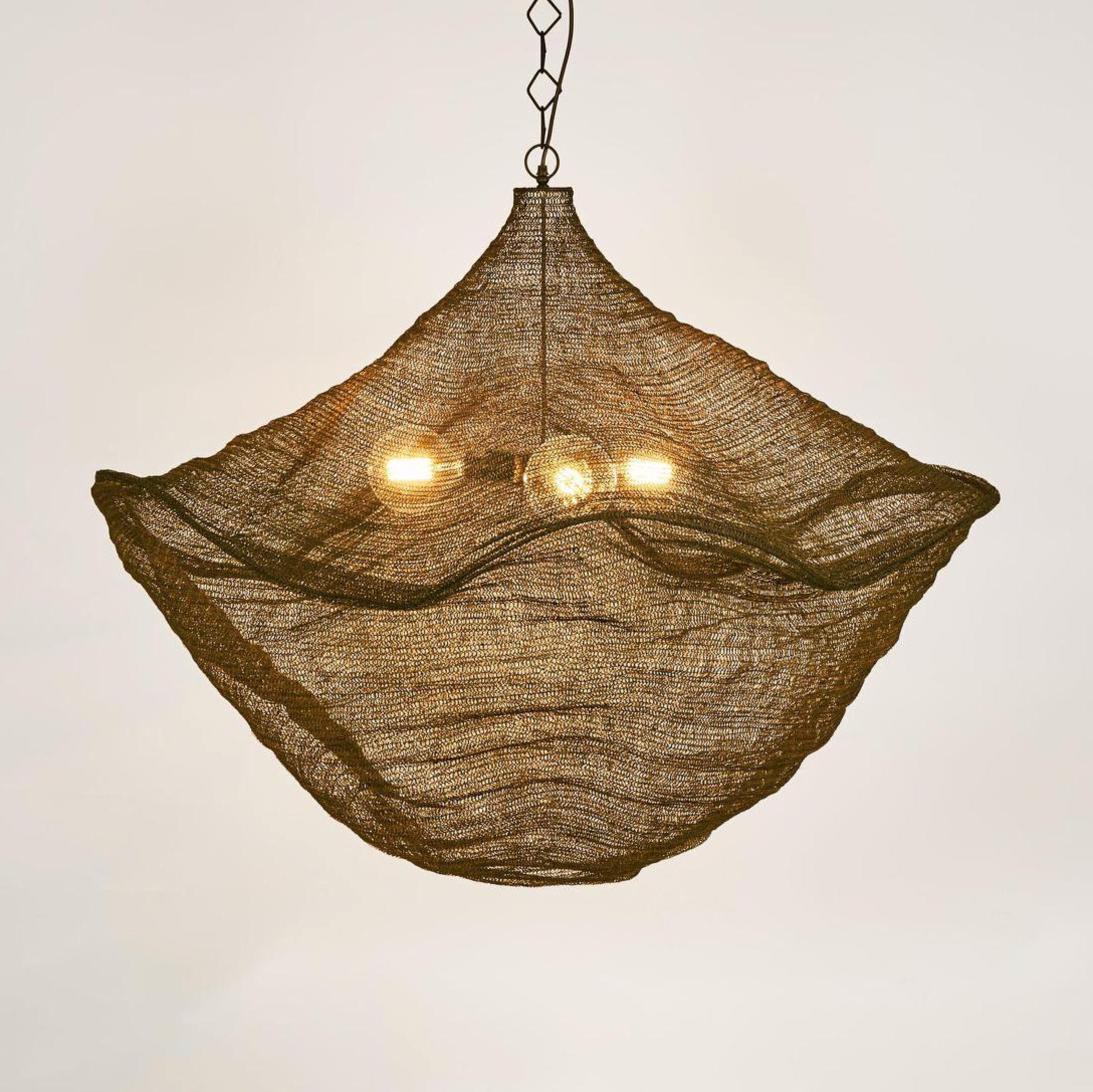 California Pendant Light Brass woven brass mesh full product shot on white background – Lightingales