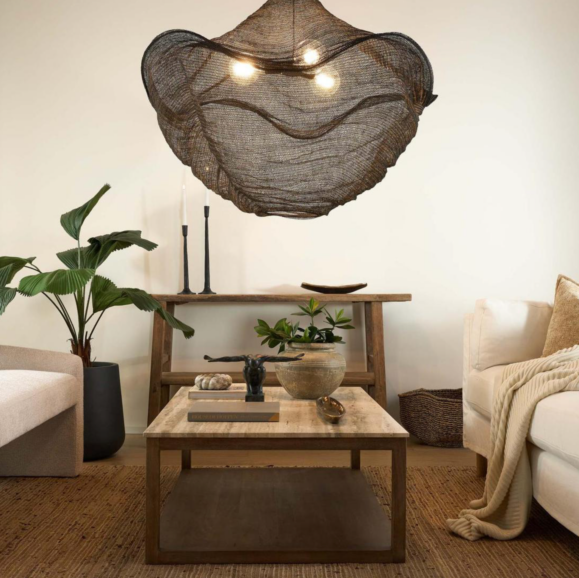 California Black Brass Pendant Light styled in a neutral living room with floral arrangement – Lightingales