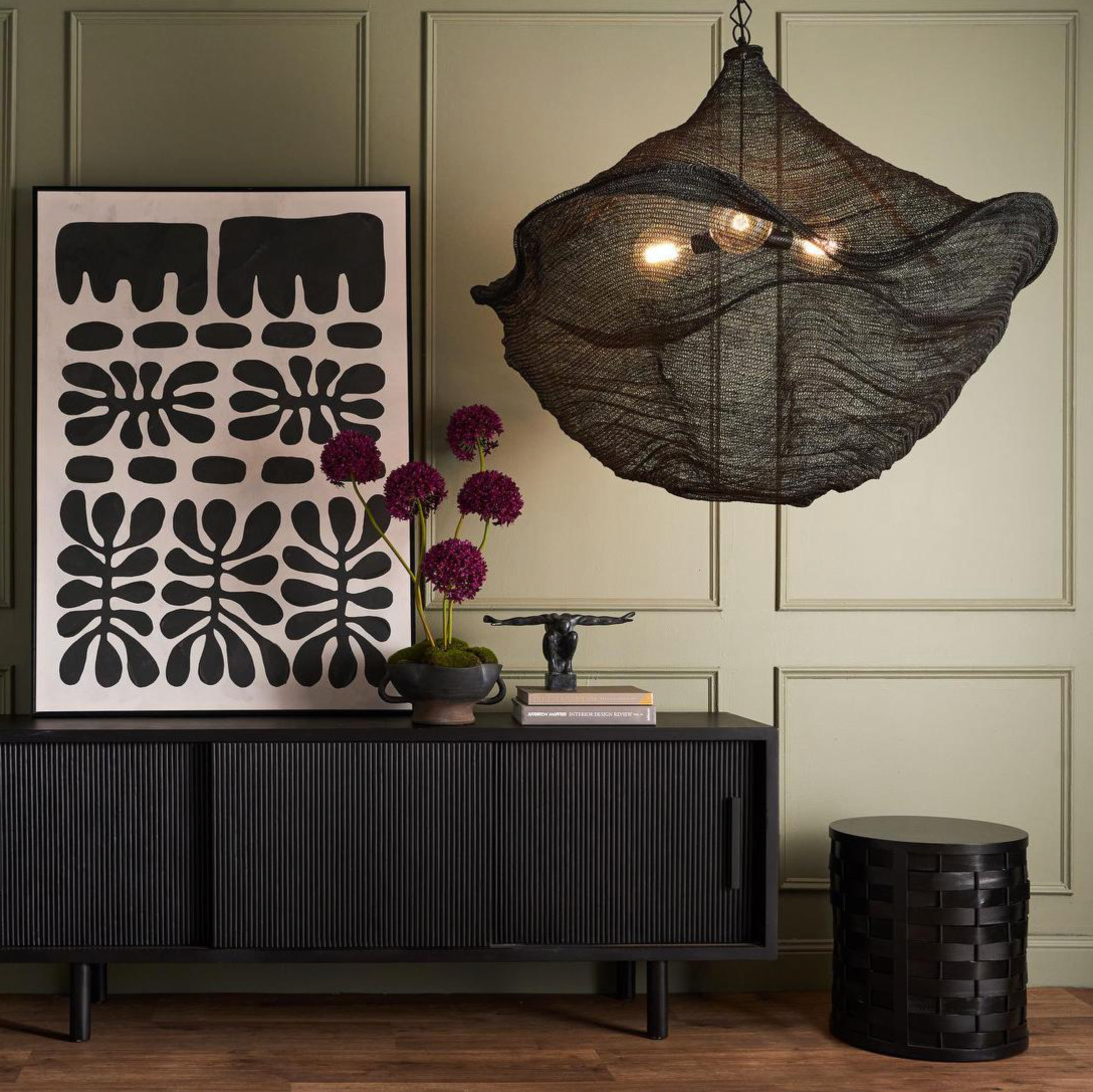 California Black Brass Pendant Light hanging in dark styled room with sideboard and abstract wall art – Emac & Lawton