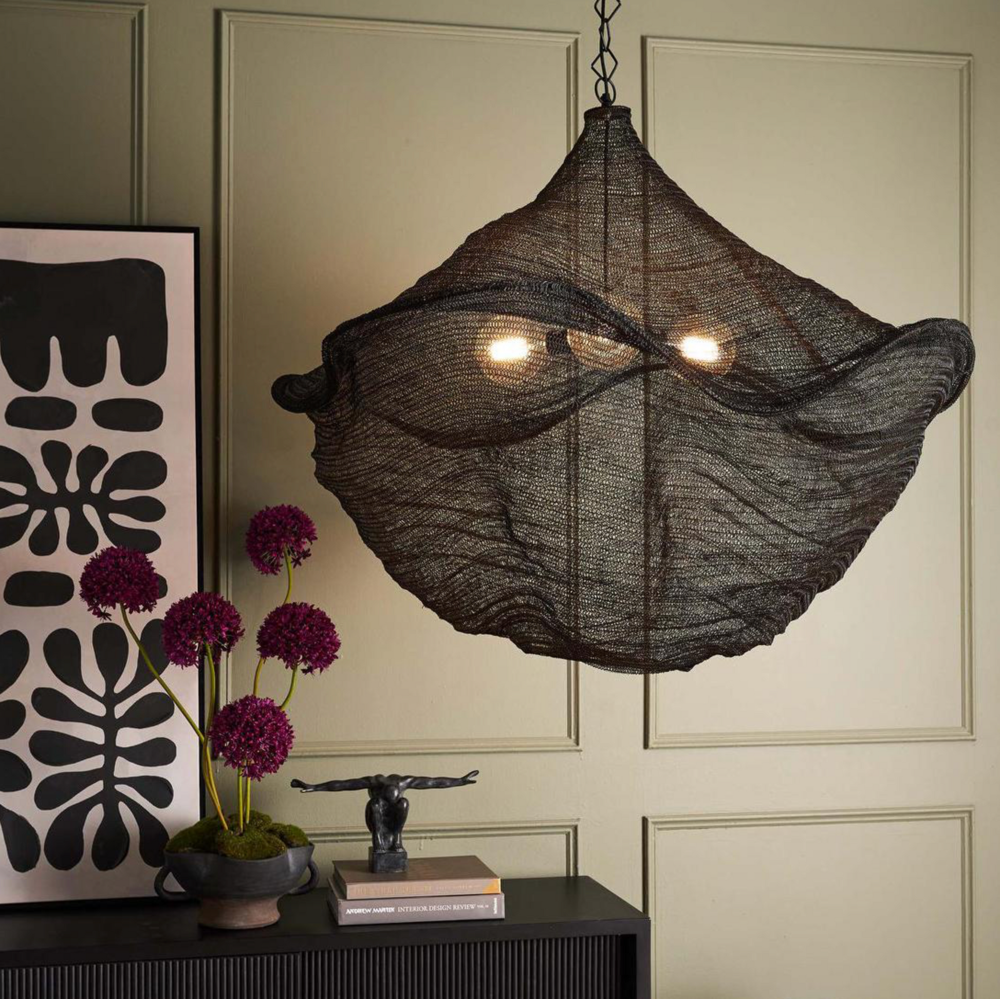 California Pendant Light Black woven brass mesh hanging in styled interior – Emac & Lawton