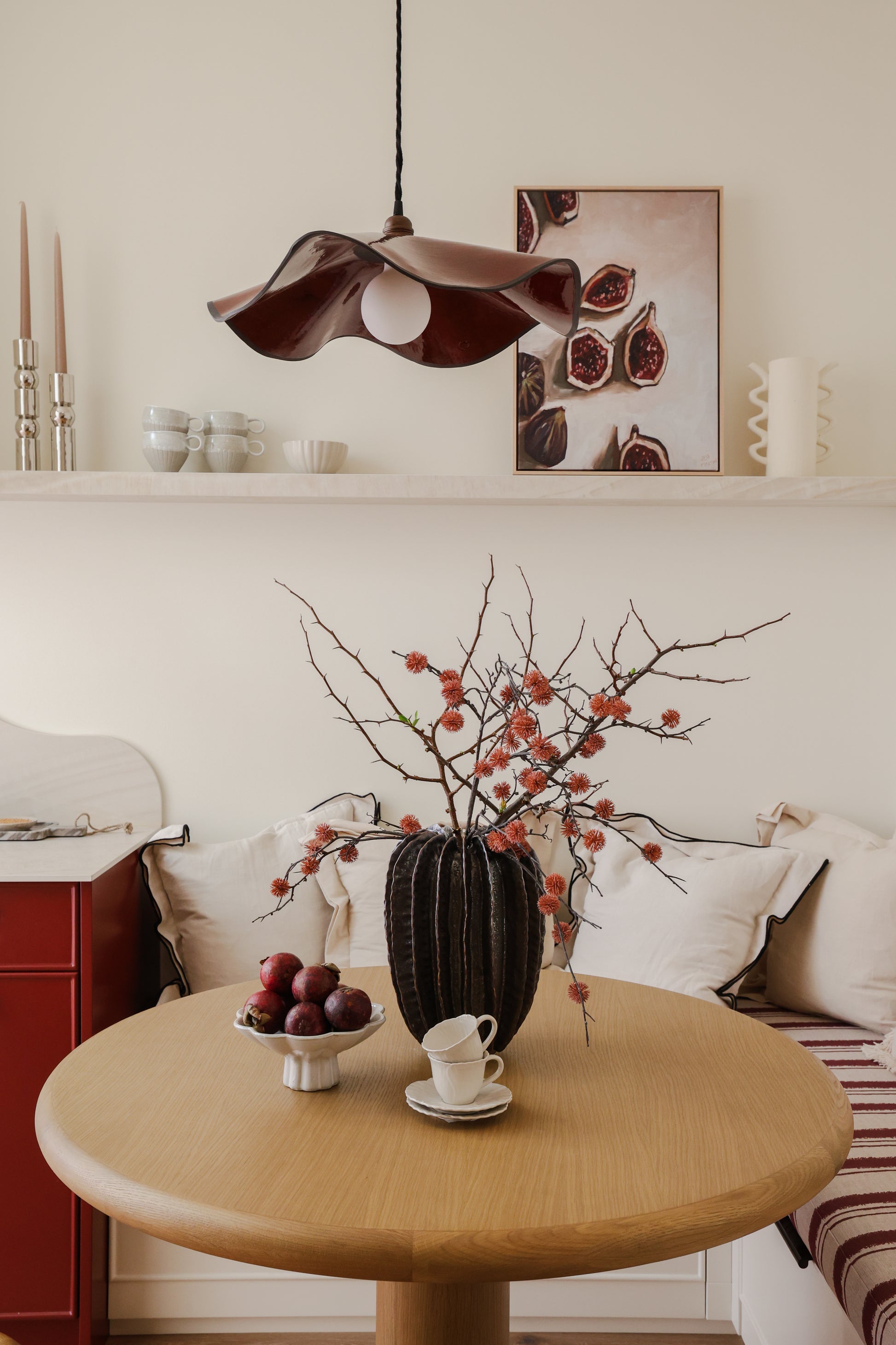 Marilyn Pendant Light Large Shiraz Rust finish styled in kitchen Three Birds Renovations handcrafted ceramic pendant light Australia
