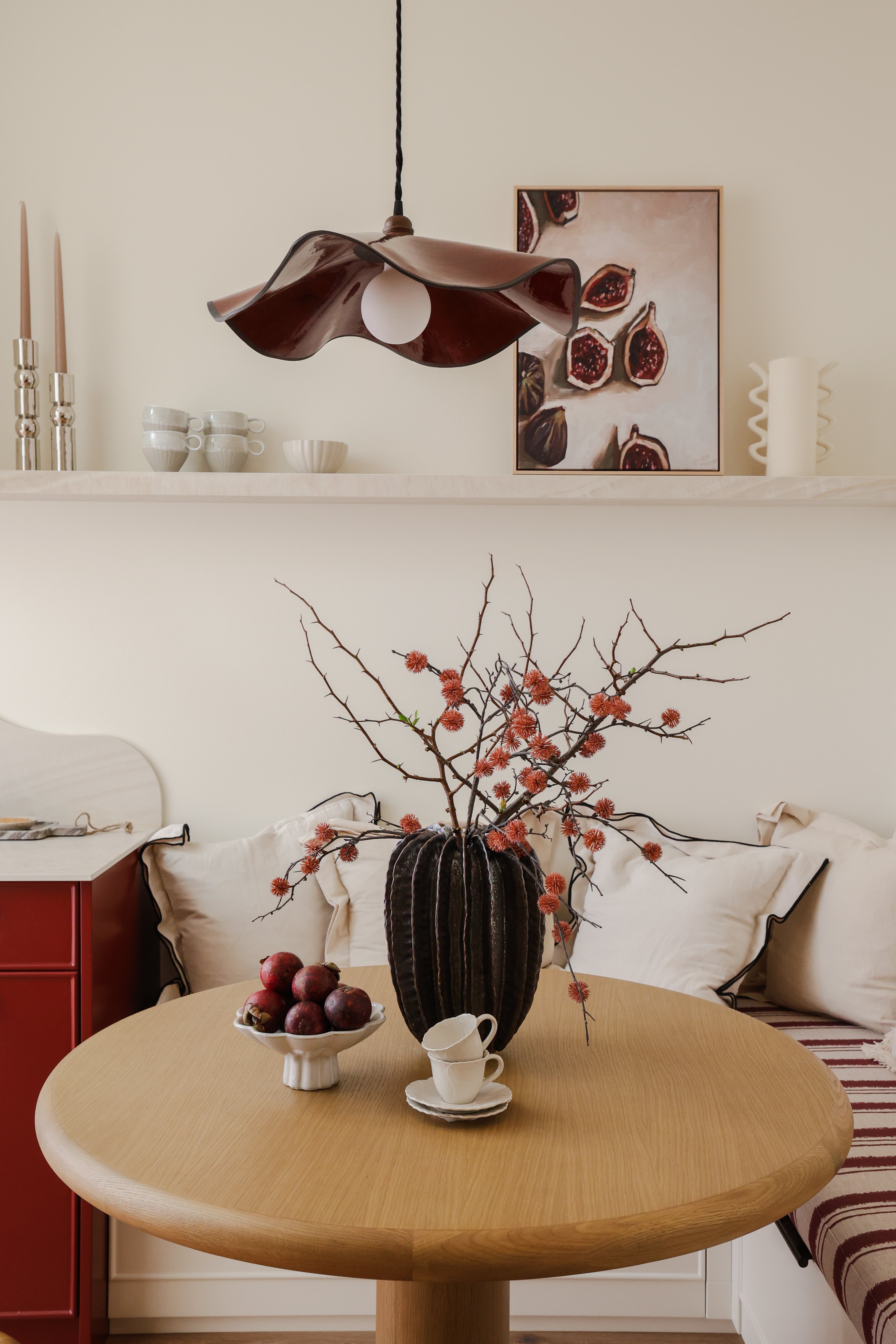 Marilyn Pendant Light Large Shiraz Rust finish styled in kitchen Three Birds Renovations handcrafted ceramic pendant light Australia
