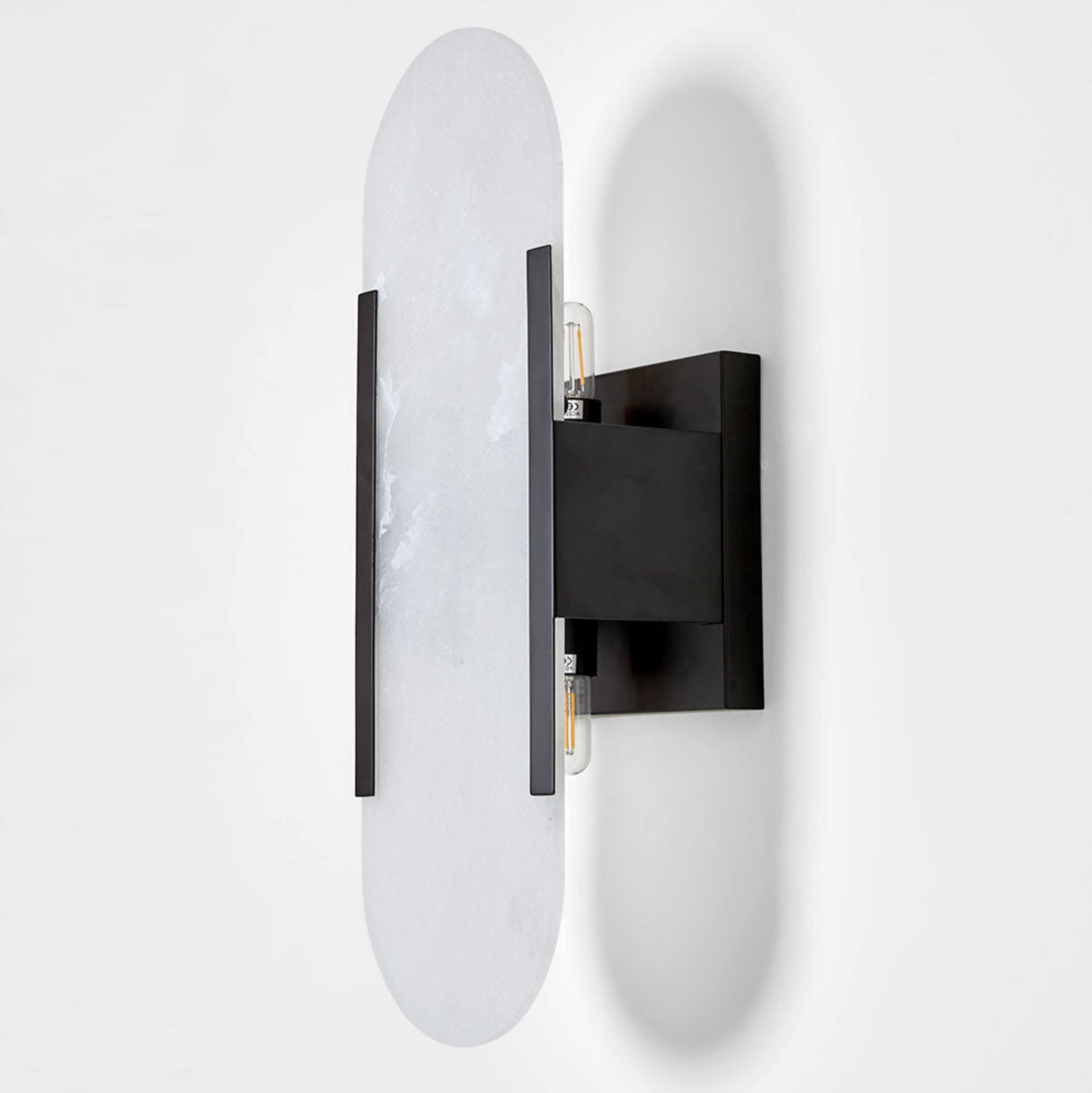 Yves Wall Light black frame alabaster shade side profile showing E14 bulbs – Lightingales