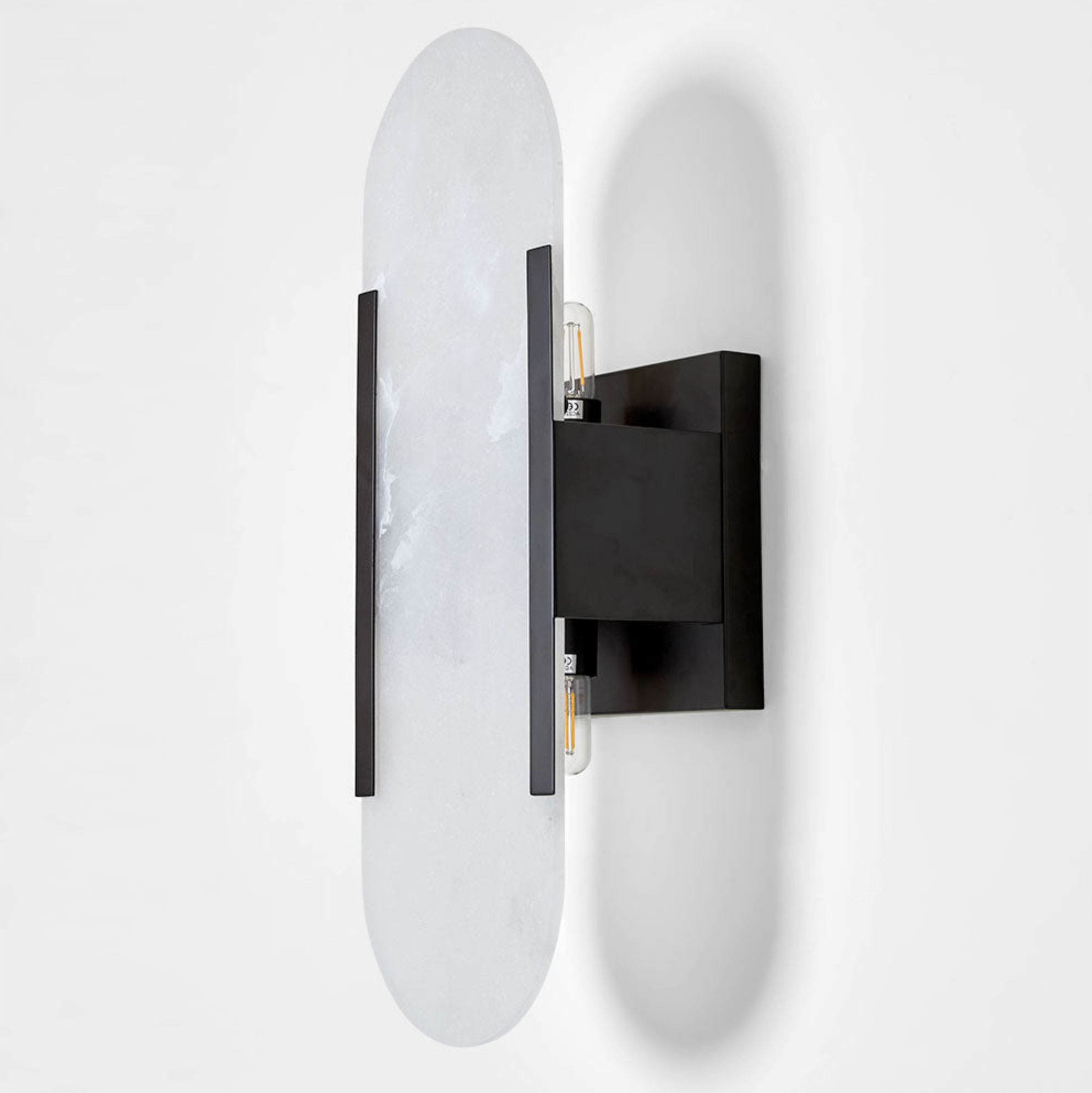 Yves Wall Light black frame alabaster shade side profile showing E14 bulbs – Lightingales